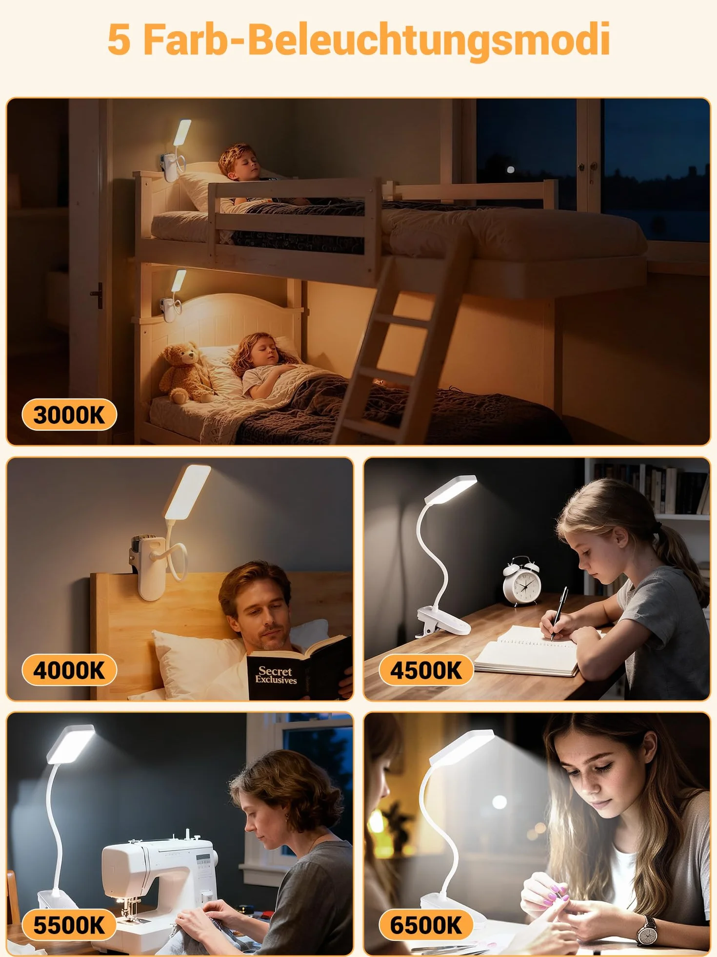 Lampe de Lecture à Pince 5 Couleurs 9 Luminosité Lampe LED Rechargeable 4000mAh 450 Lumen Sans Fil Flexible