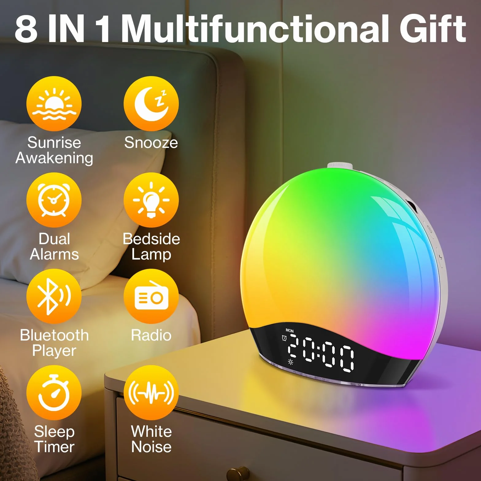 Eveil Lumière avec Enceinte Bluetooth Lampe Réveil Simulateur d'Aube LED 17 Couleurs 20 Niveaux Luminosité