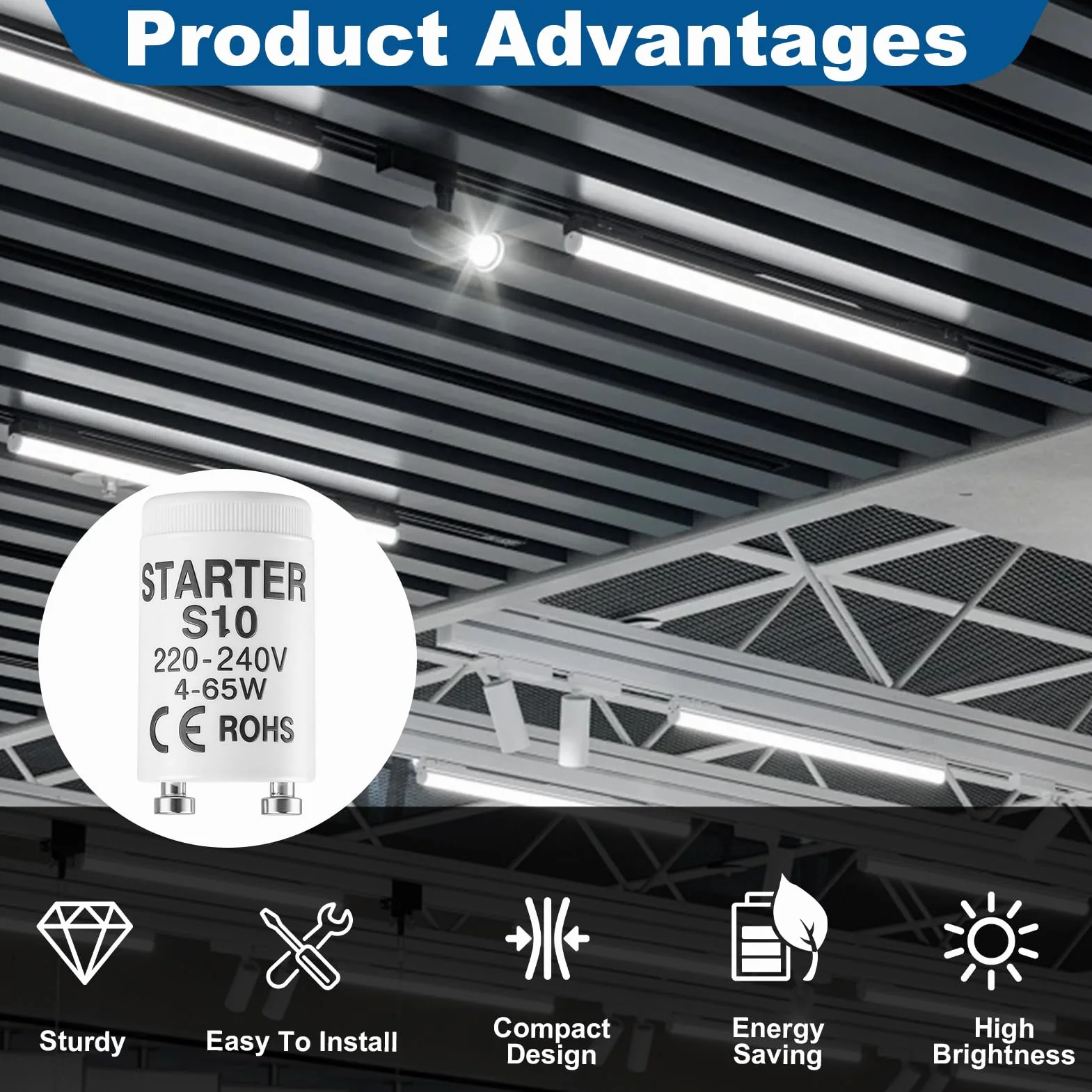 Starter Néon 4-65W 220-240V Tube Fluorescent Remplacement pour Lampes Fluorescentes