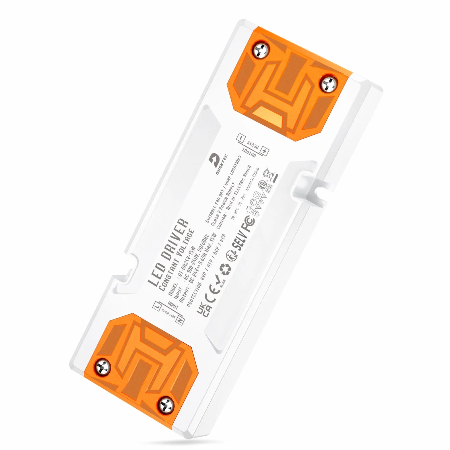 DUSKTEC Transformateur 220V à 24V Alimentation LED 15W Plat AC-DC IP44