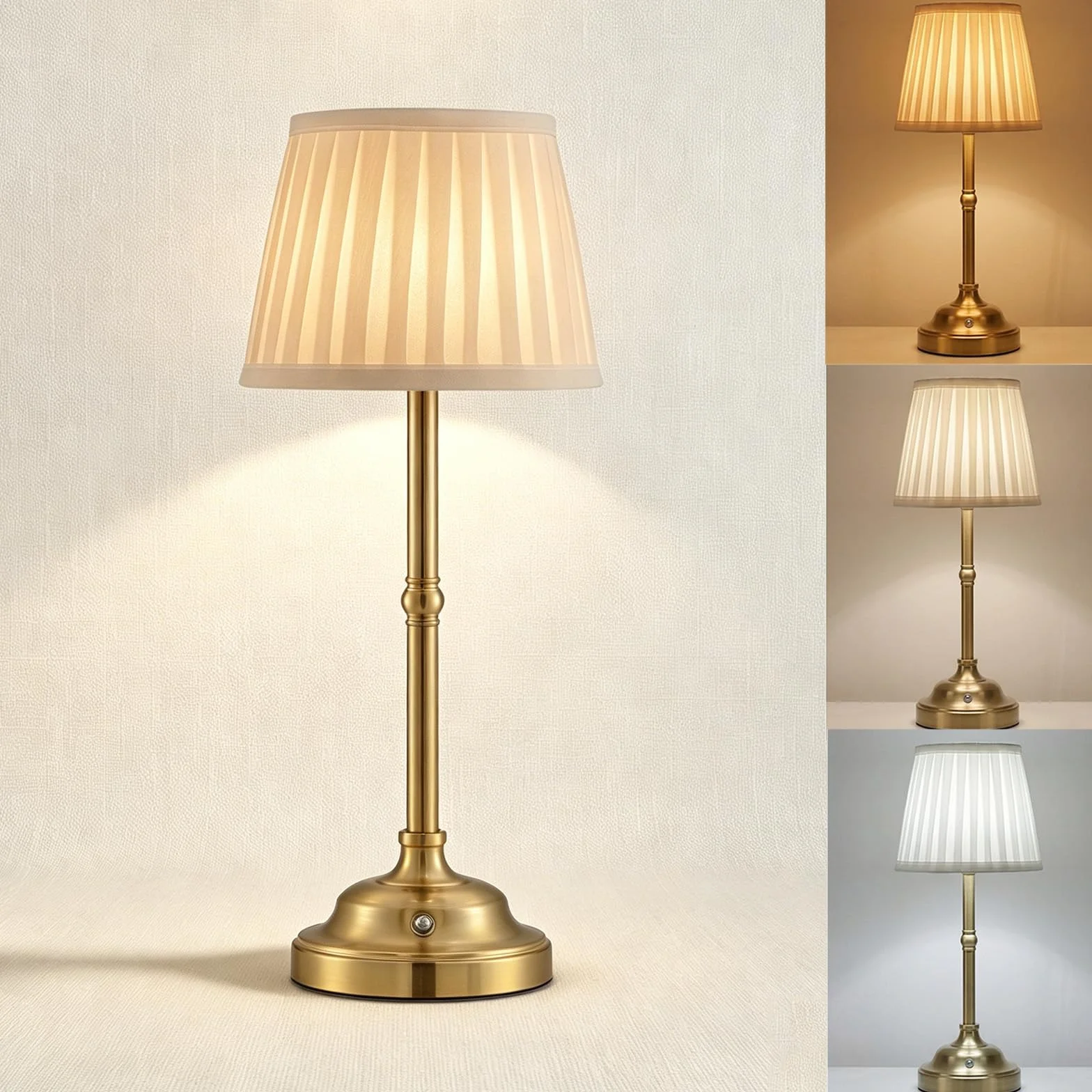 Lampe de Table Sans Fil Rechargeable LED, Lampe Chevet Retro Abat-jour Tissu, 3 Couleurs Intensité Variable USB Design Vintage