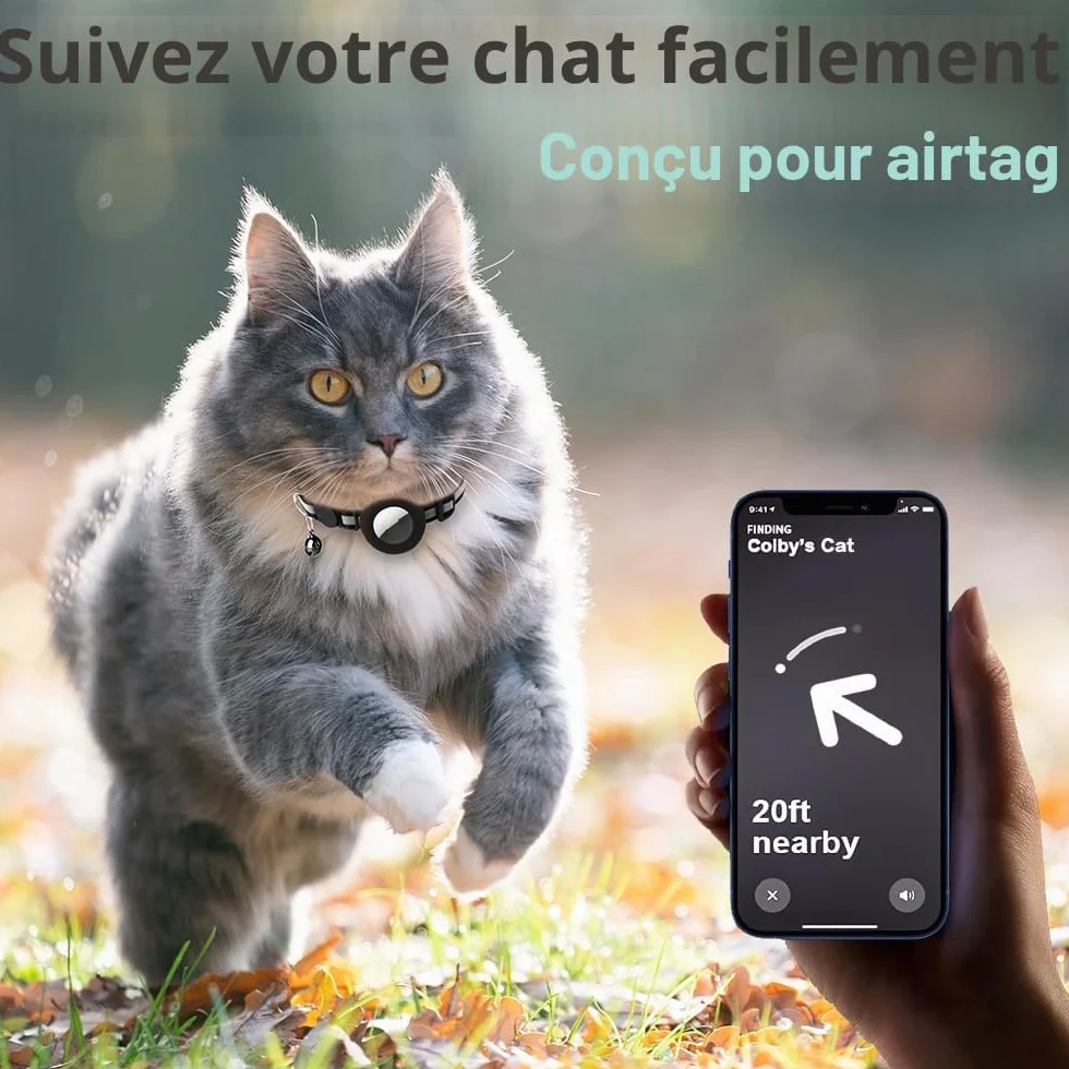 Collier Chat Airtag Anti-étranglement avec Protecteur et Cloche, Large 1 cm, Léger, Noir