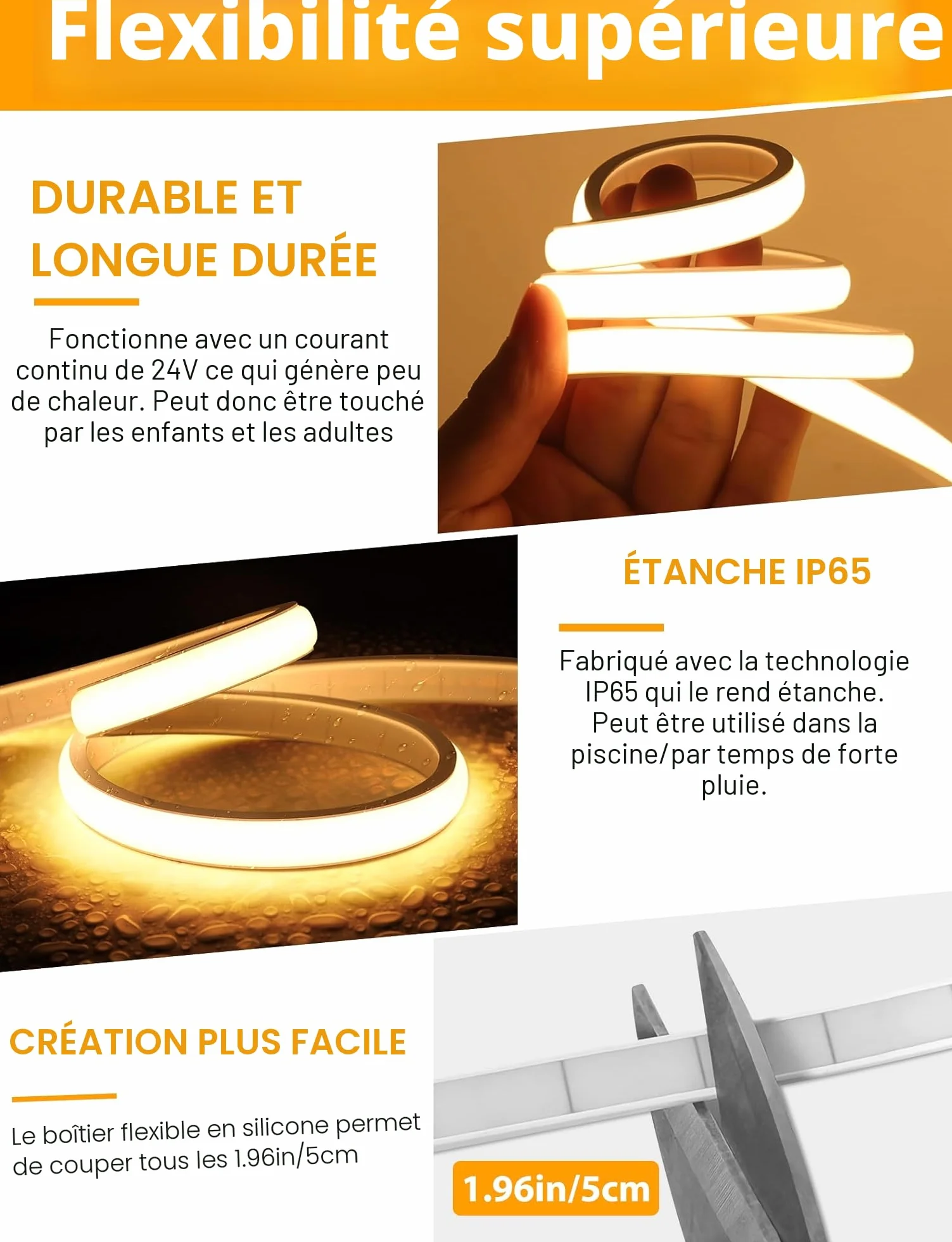 Lamomo Ruban LED COB Blanc Chaud 5M Bandeau LED IP65 Étanche Flexible 3000K 10mm Dimmable Silicone Découpable 24V Néon Strip