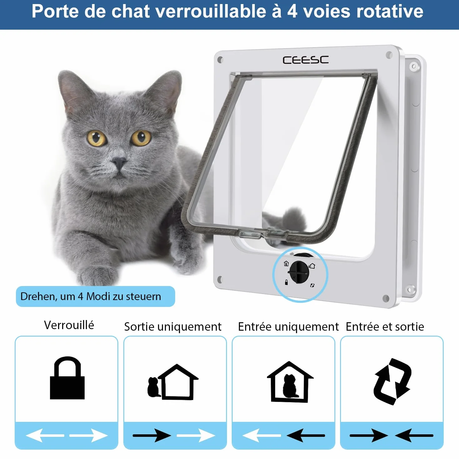 Chatière pour chat imperméabiliser avec verrou rotatif à 4 voies CEESC