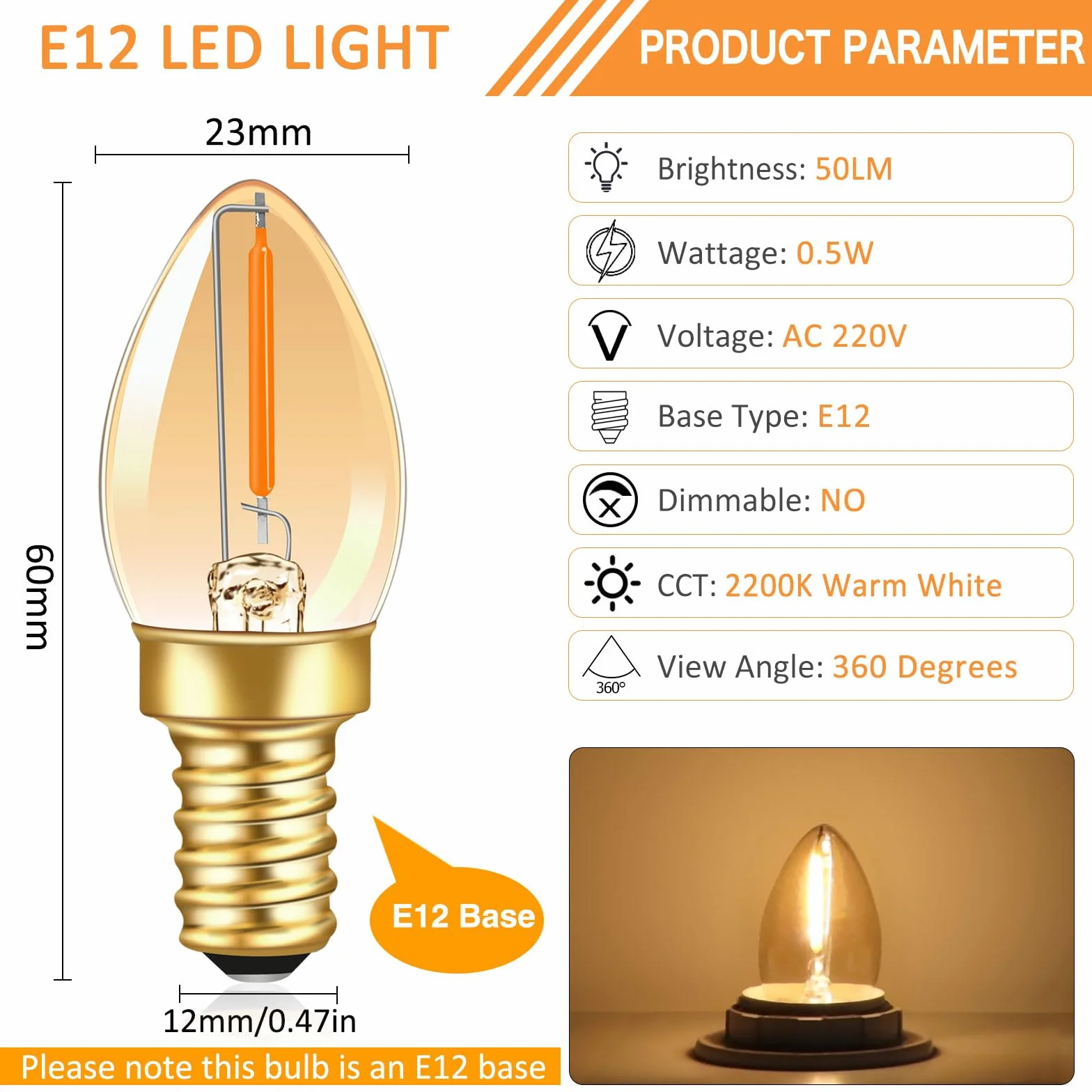Ampoule LED C7 E12 230V 0.5W Vintage Edison Blanc Chaud Ambre 50LM 2200K Non Dimmable Lot de 2