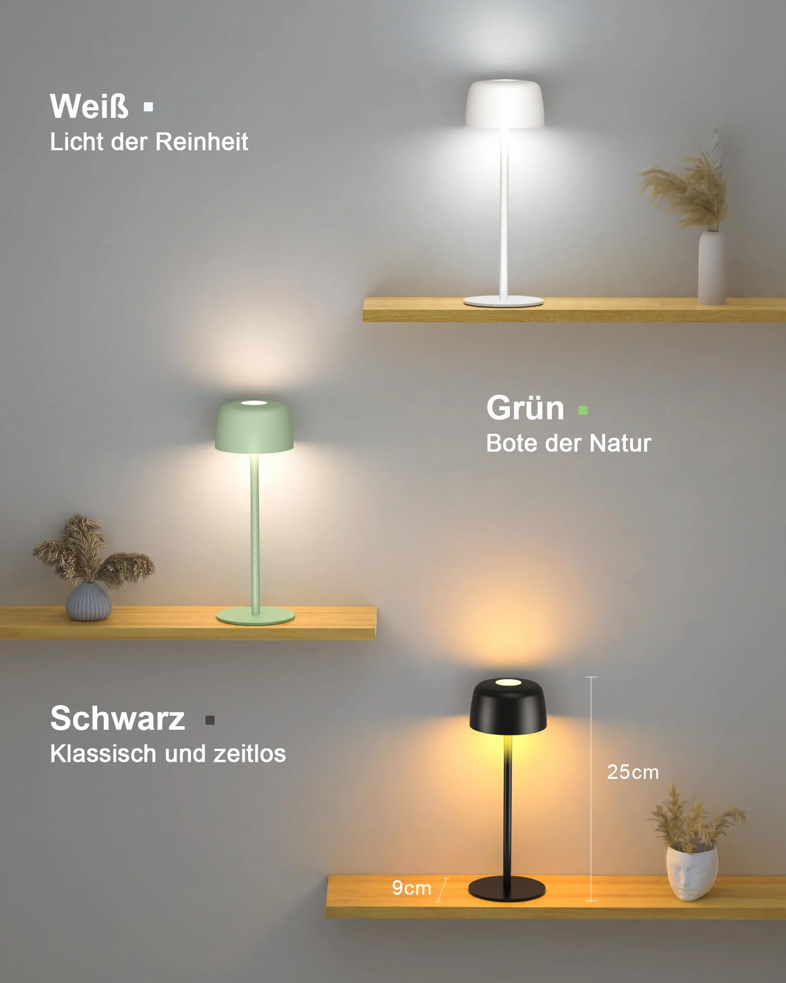 TRUMPETS Lampe de Table LED Sans fil Rechargeable Métal IP54, 3 Couleurs Dimmable Contrôle Tactile
