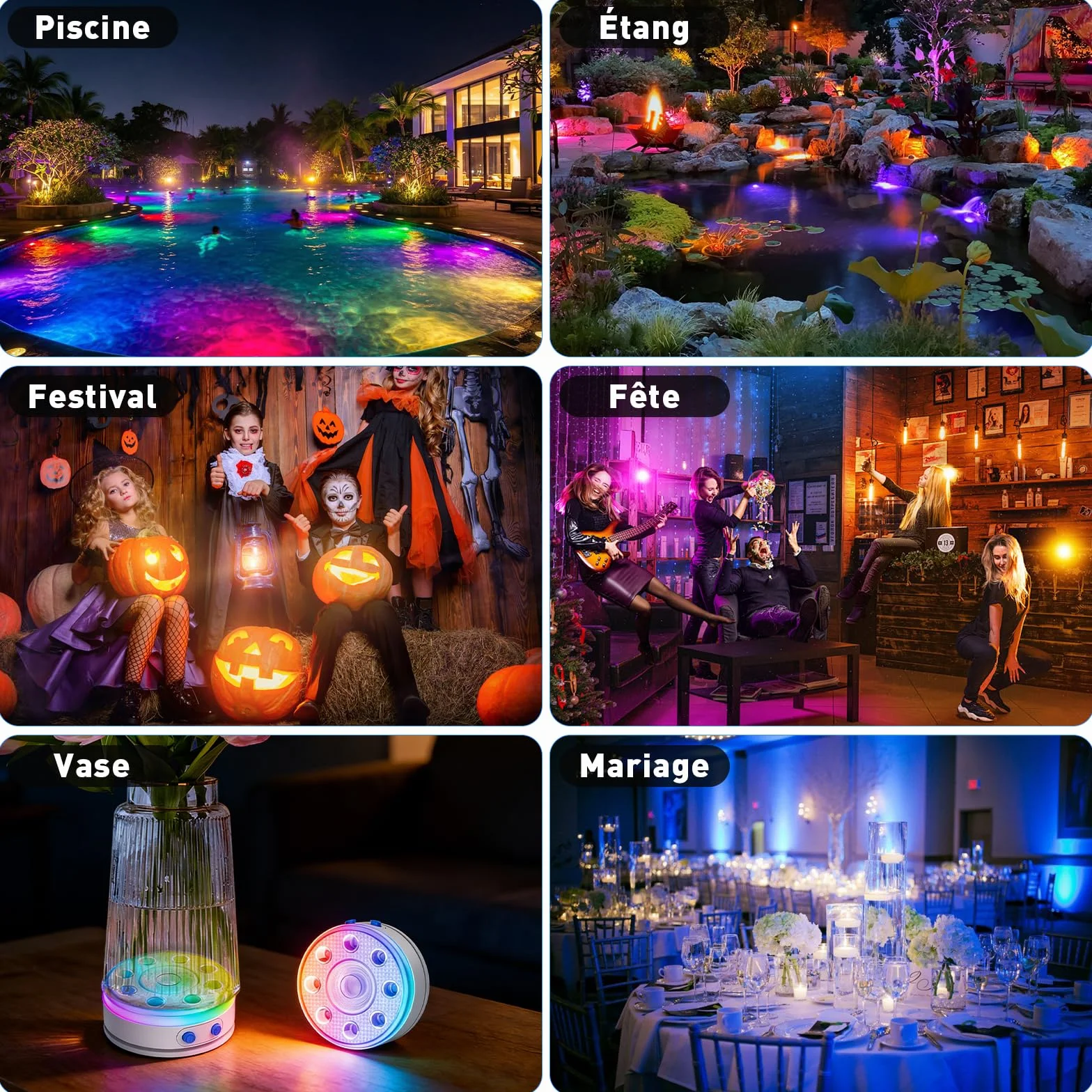 Lumiere Piscine LED RGB Submersibles Rechargeables IP68, 2 Lampes avec Télécommande, Éclairage Magnétique Flottant
