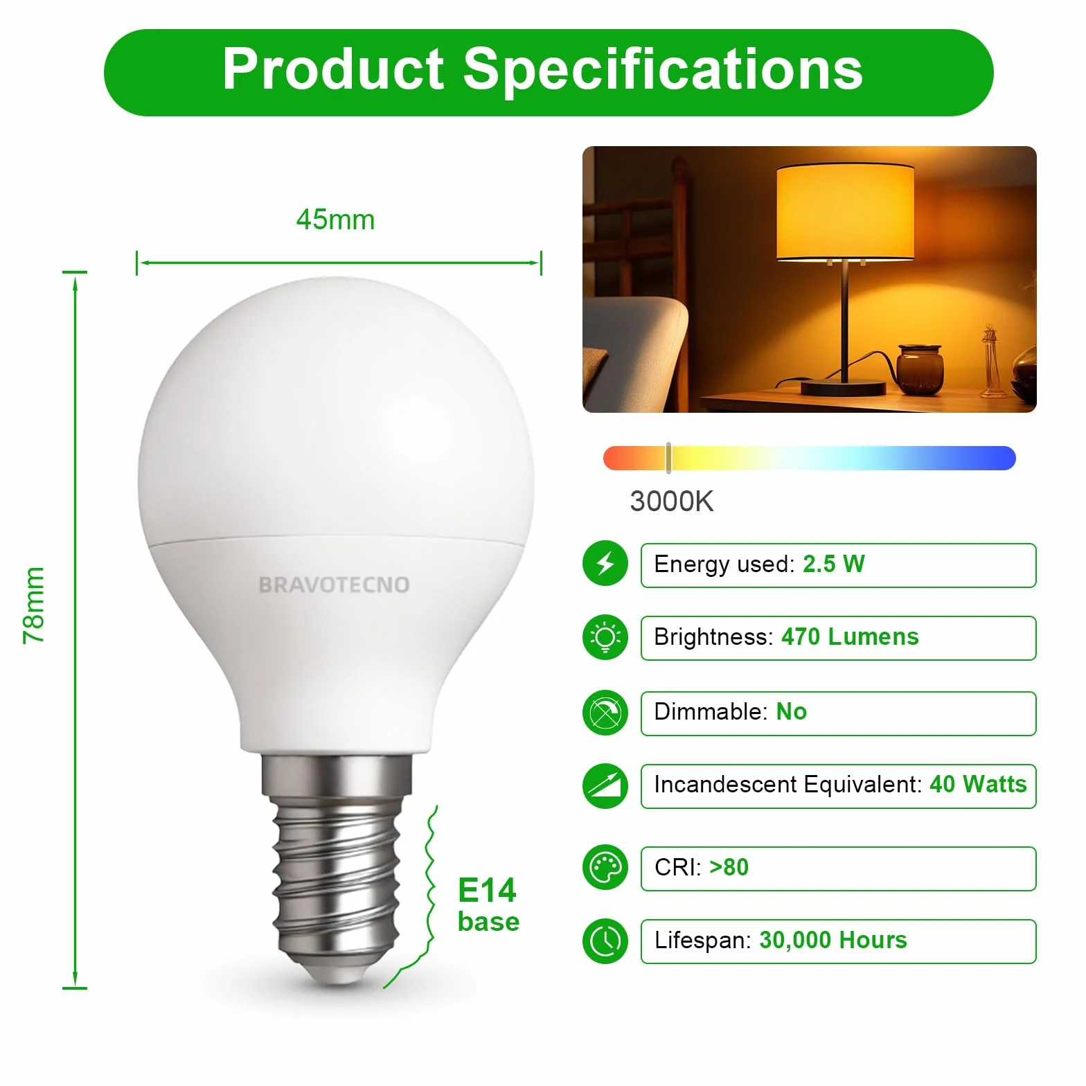 Ampoule LED E14 Blanc Chaud 3000K 2,5W 470LM G45 Équivalent 40W Angle 360° Lot de 6
