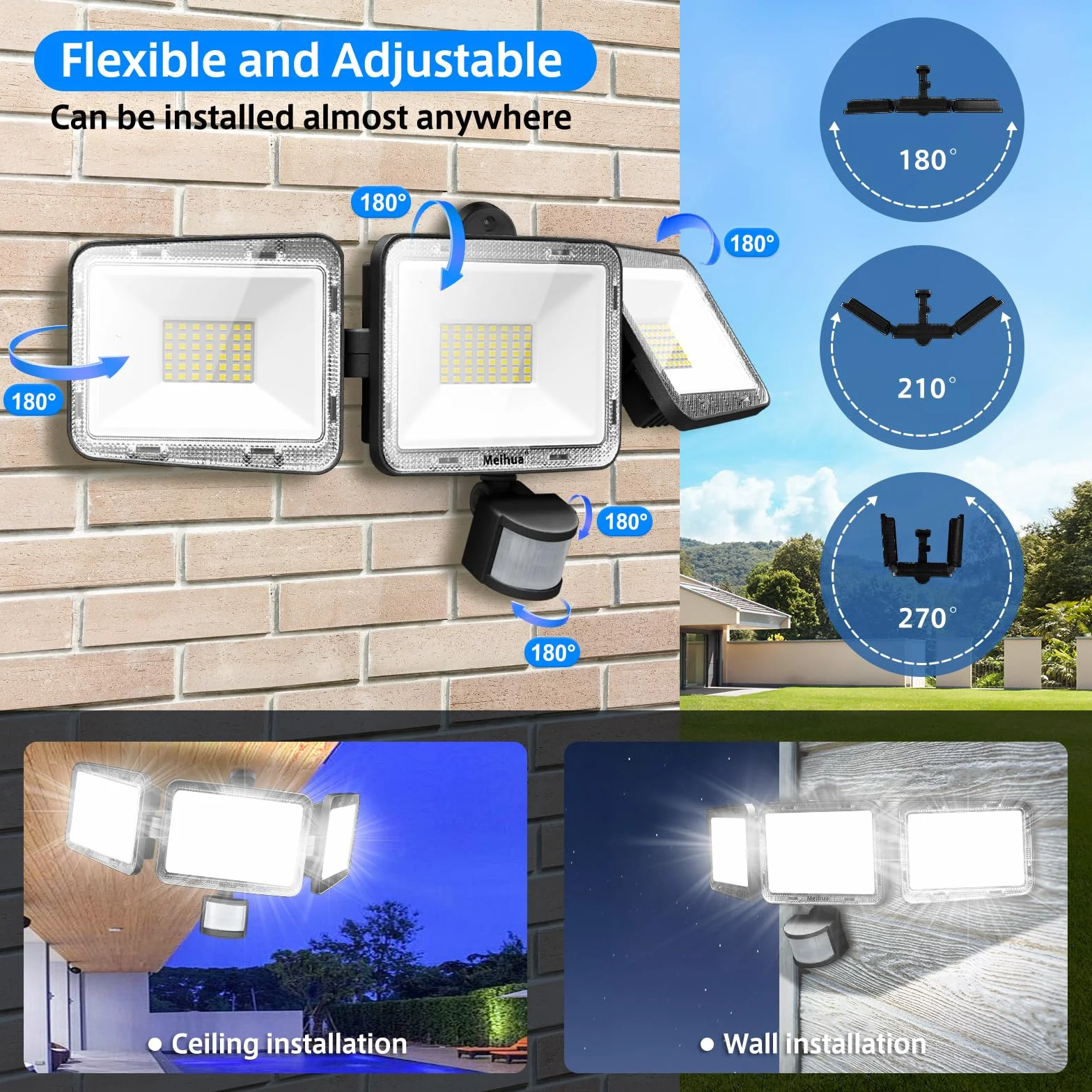 MEIHUA Projecteur LED Exterieur 70W Detecteur de Mouvement 700-6850LM IP66 6500K Blanc Froid Noir