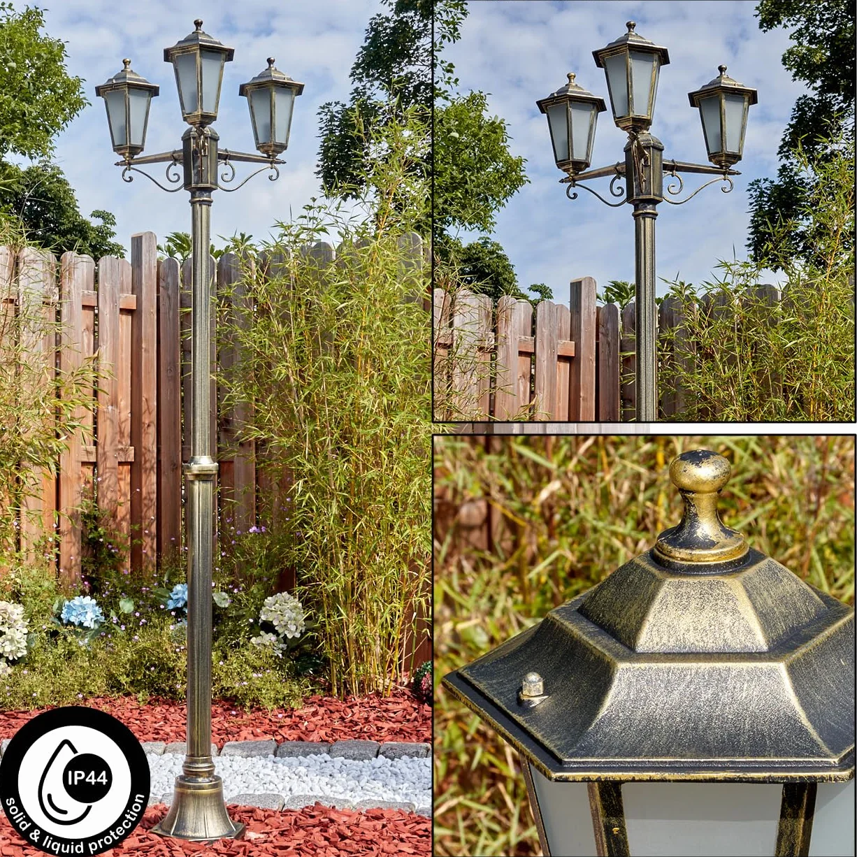 Lampadaire Loria métal verre doré marron verre dépoli antique vintage jardin terrasse 200 cm 3x E27 IP44