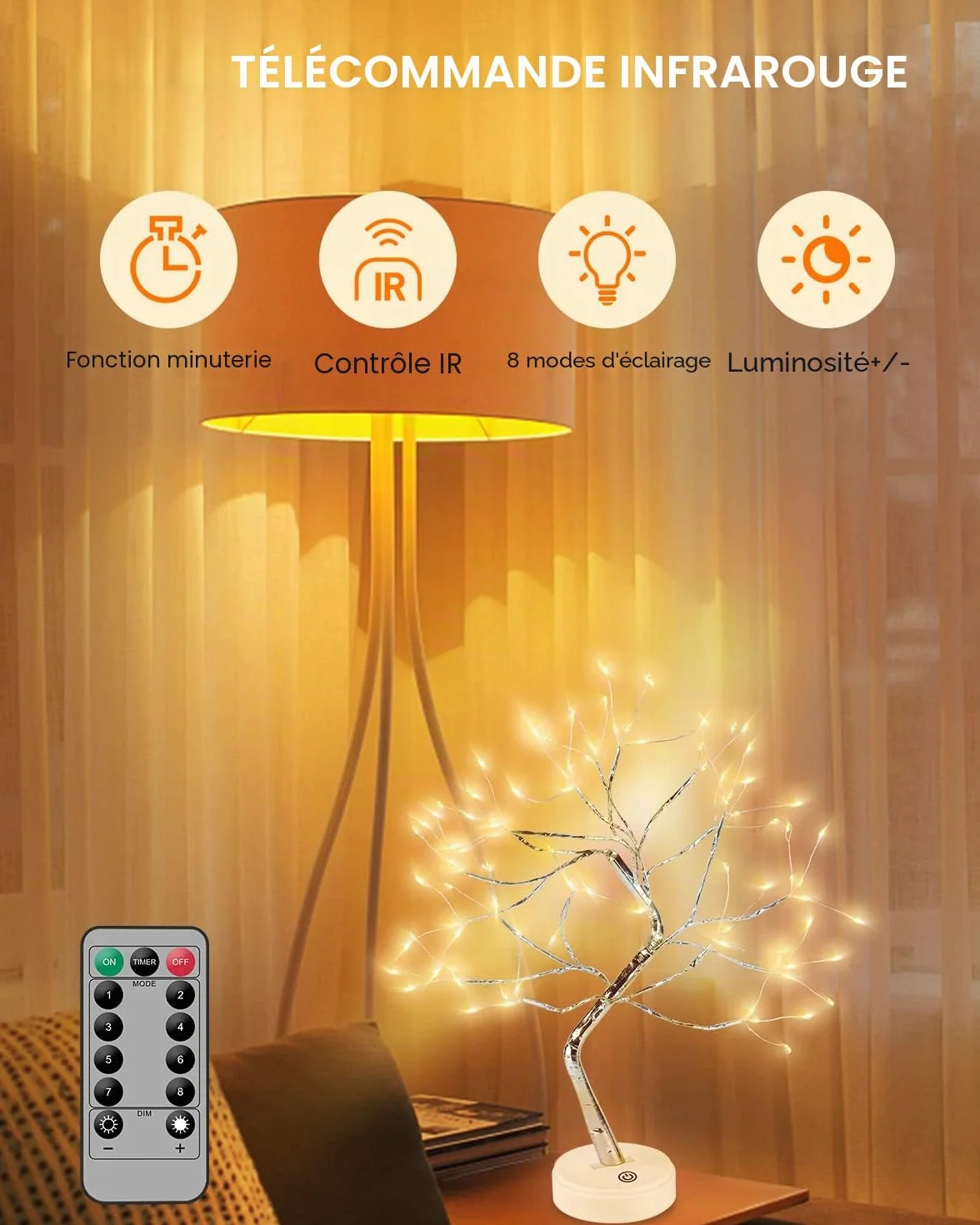 Kinamy Arbre Lumineux LED 8 Modes avec Télécommande USB/Batterie pour Décoration Mariage