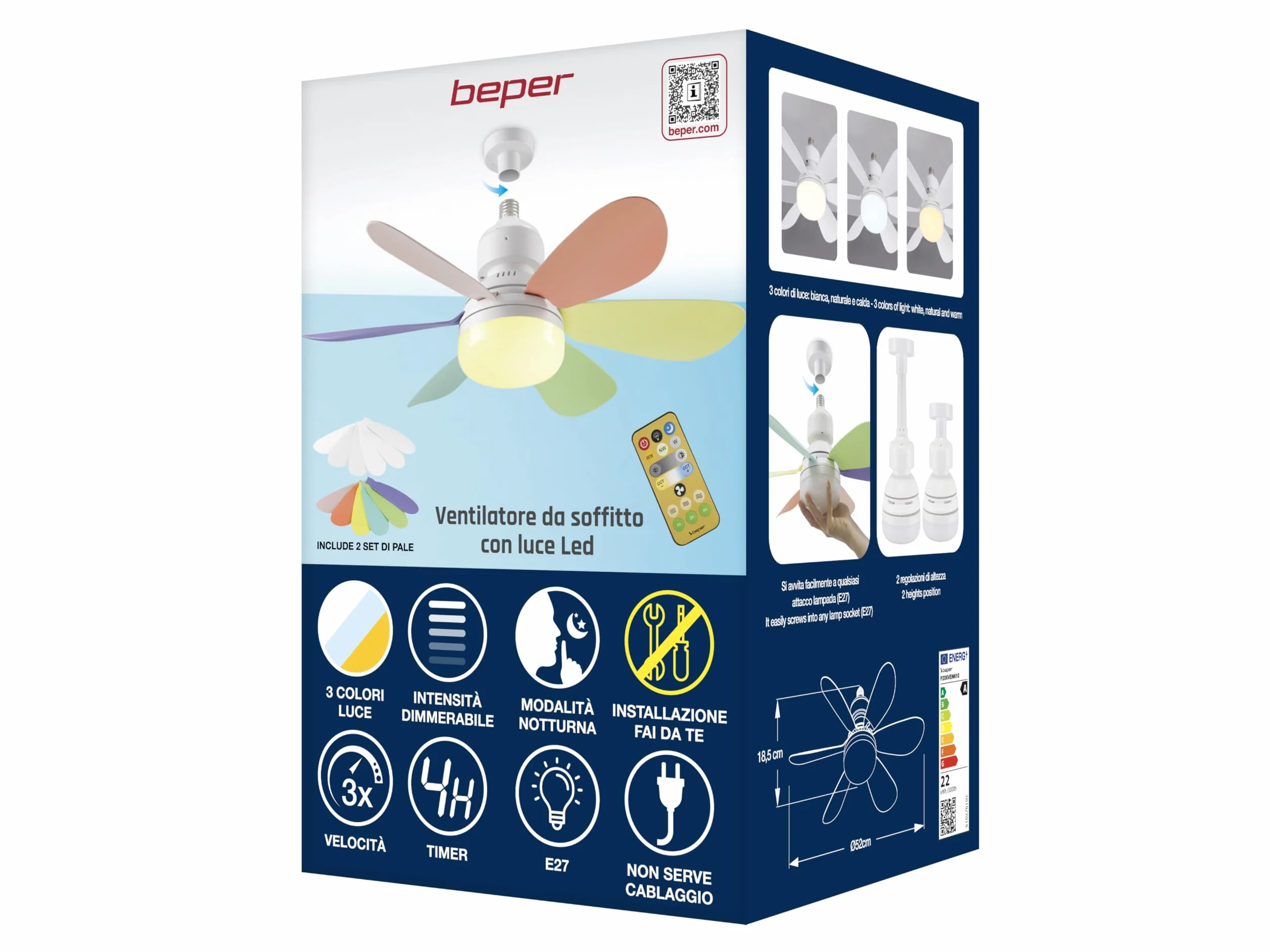BEPER P206VEN610 Ventilateur de plafond 40W Éclairage ventilation design interchangeable 2 jeux de pales 3 vitesses Télécommande