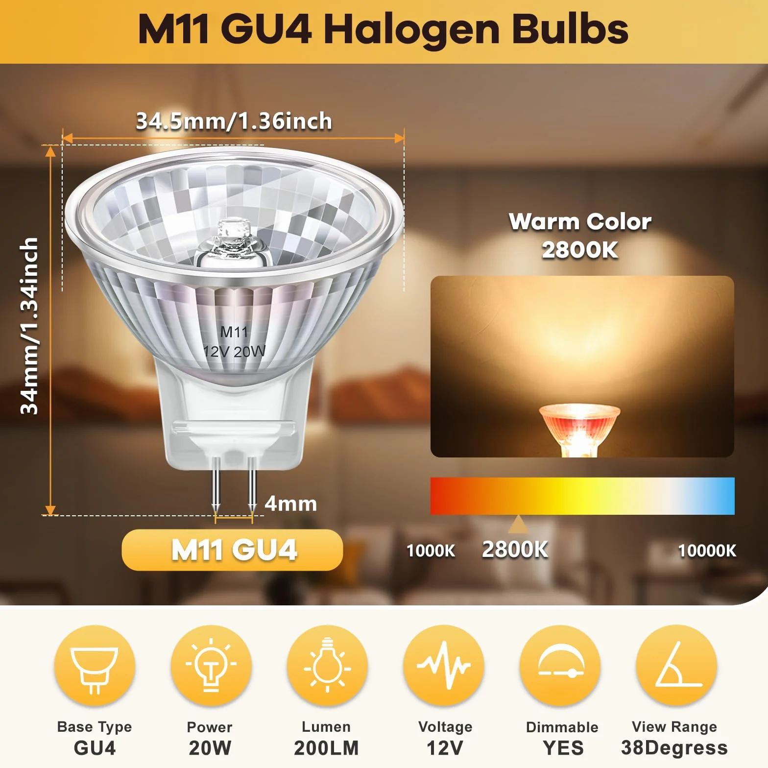 Ampoules MR11 GU4 20W 12V Blanc Chaud 2800K Dimmable Diamètre 34mm Lot de 6