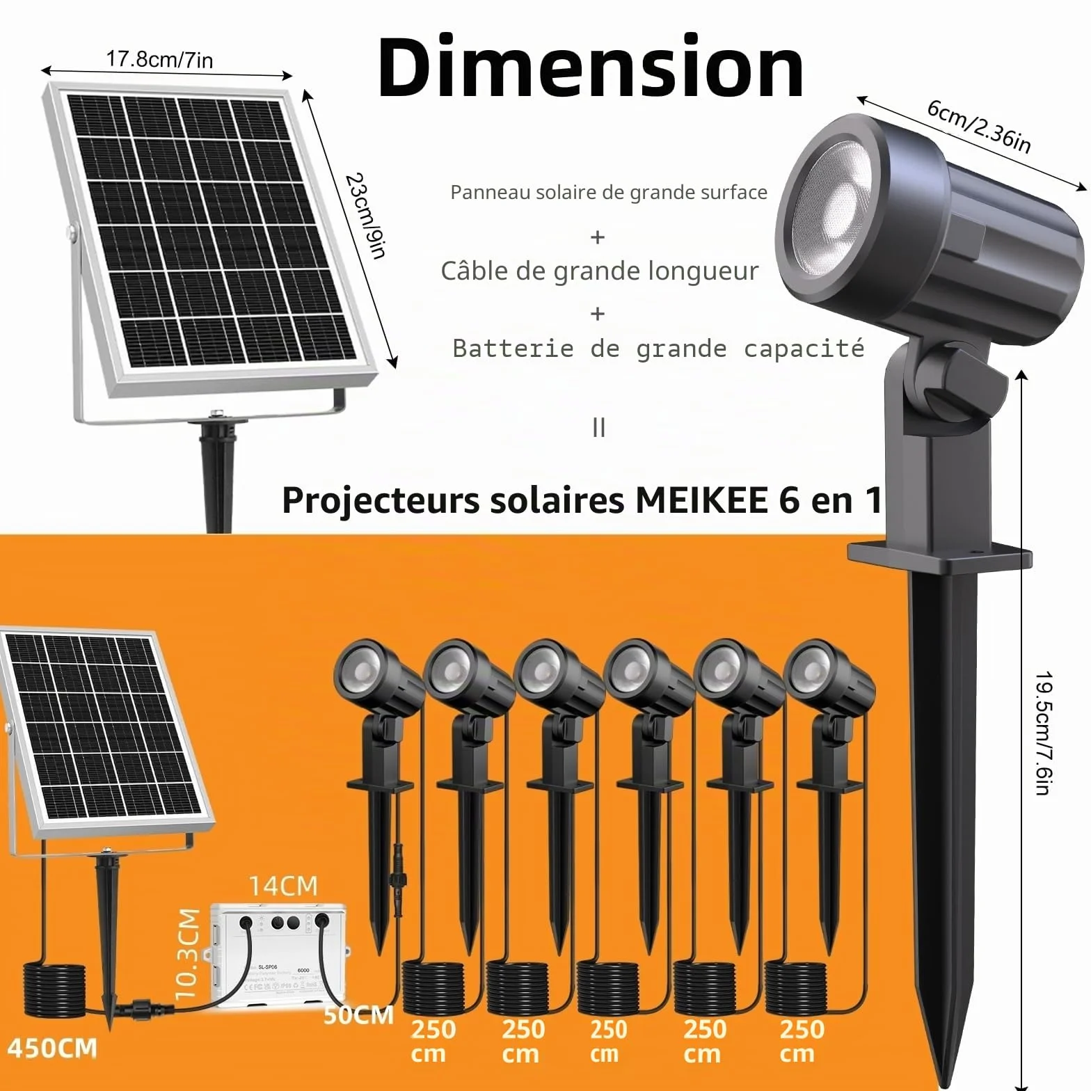 MEIKEE Lampe Solaire Exterieur IP66 3000K 6V 6W 6000mAh 3 Modes Eclairage Jardin