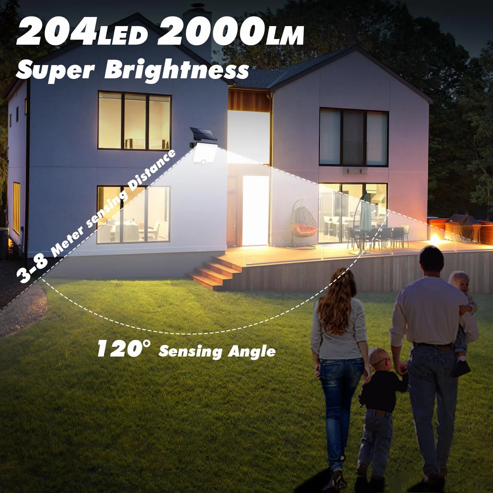 Lampe Solaire Extérieure avec Détecteur de Mouvement 204LED 2000LM IP65 Étanche, Spot LED avec Câble 16,4ft pour Jardin Garage
