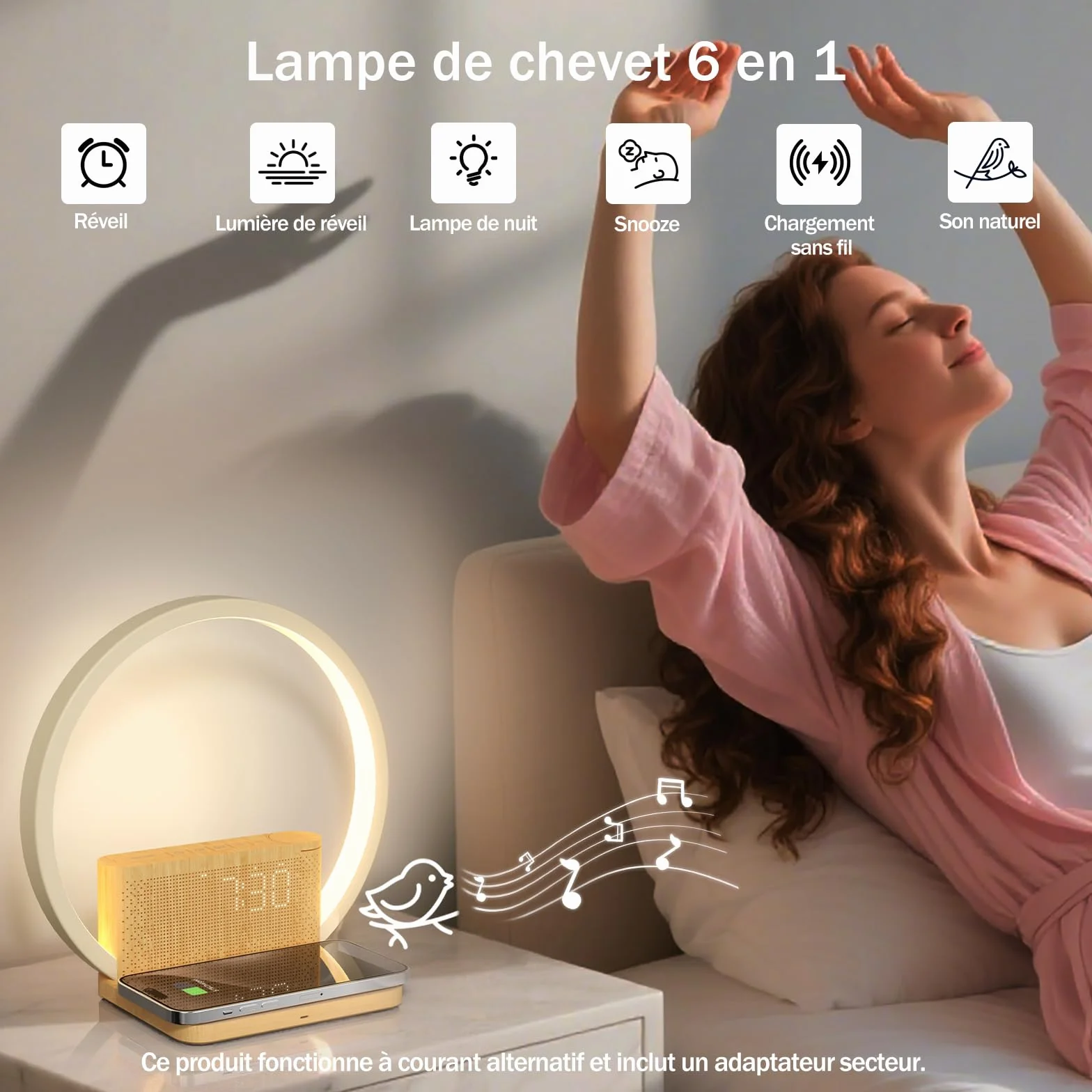 Réveil lumineux lampe de chevet rechargeable variateur tactile 10 sons naturels