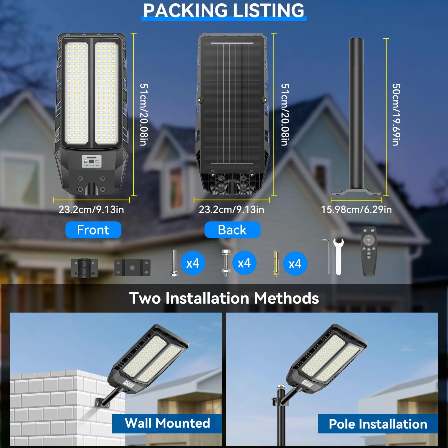Adewalk 900W*2 Lampe Solaire Extérieure IP66 avec Télécommande et Capteur de Mouvement, 6500K LED Super Lumineux pour Jardin Garage Rue