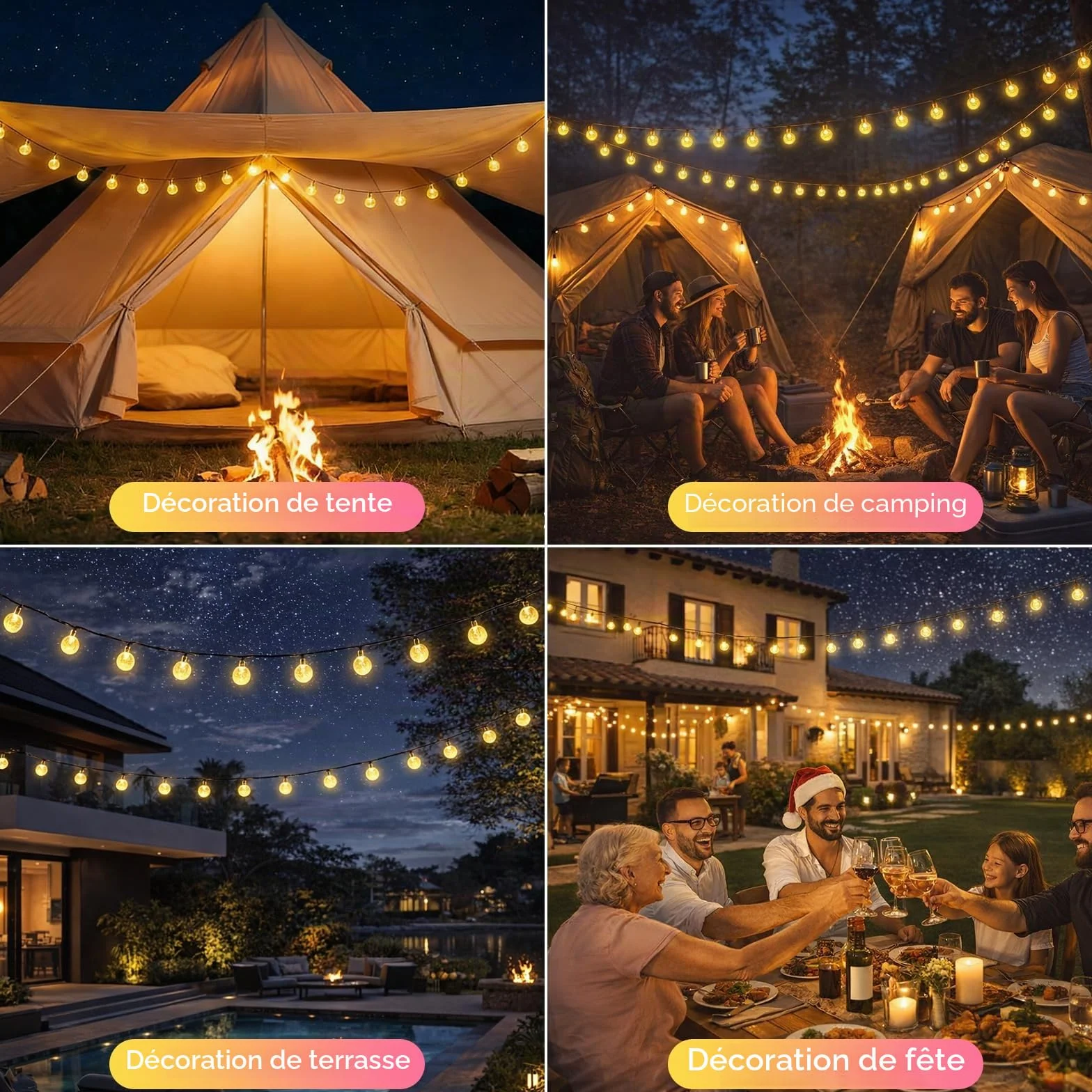 Guirlande lumineuse solaire d'extérieur 40 LED IP65 8 modes Blanc chaud