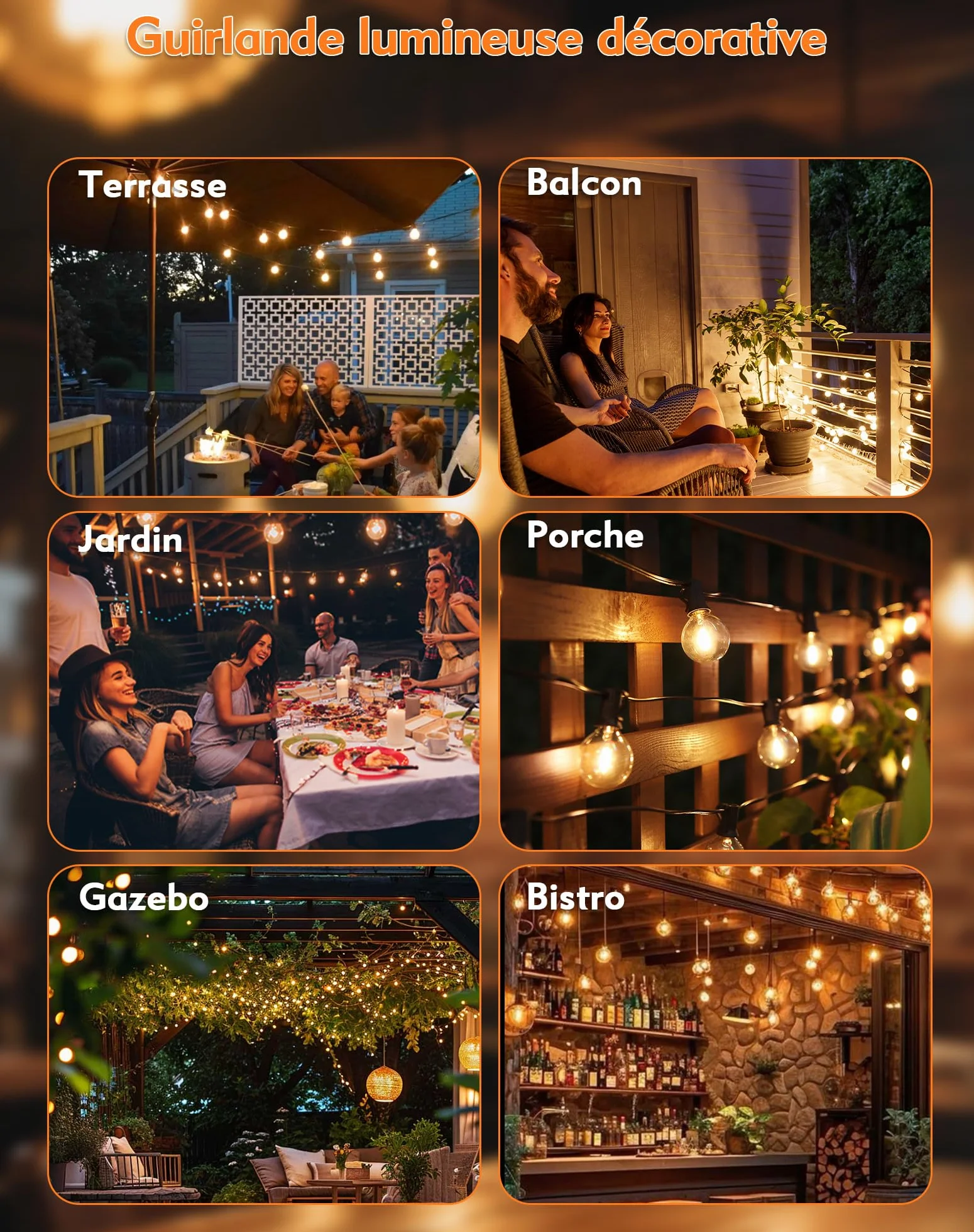 Guirlande Lumineuse Exterieure Solaire LED 10M 15+1 G40 Ampoules 8 Modes IP44 Télécommande