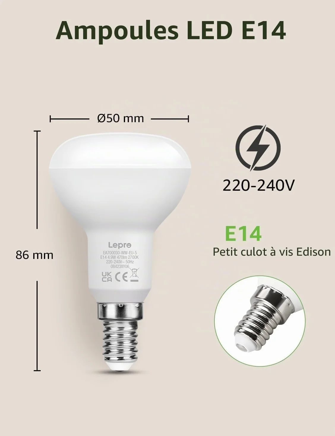 Lepro Ampoule LED E14 4,9W Équivalent 40W 470LM Blanc Chaud 2700K R50 Réflecteur Lot de 5