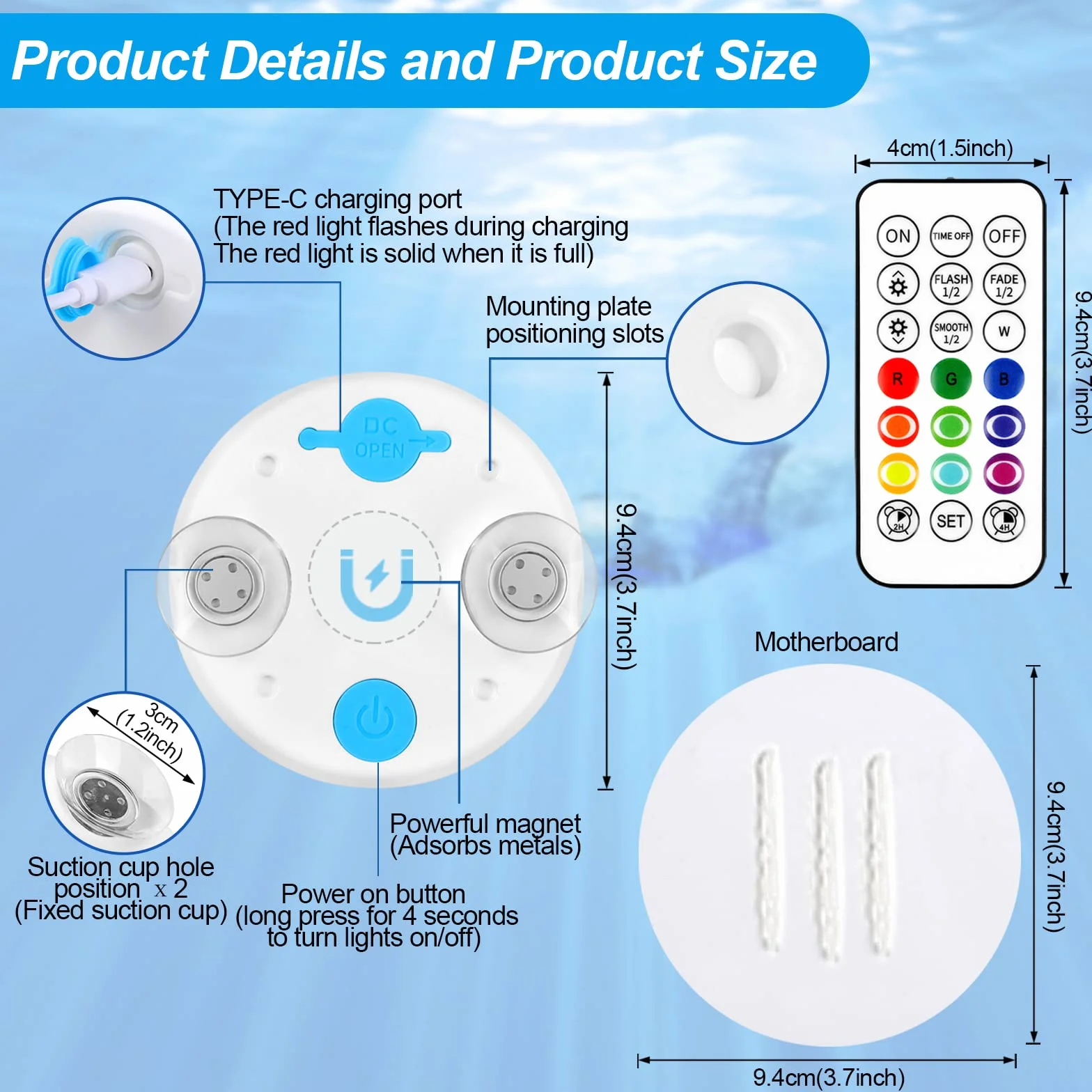 TEPENAR Lot de 4 lampes de piscine submersibles rechargeables USB-C avec télécommande 16 couleurs étanches aimant