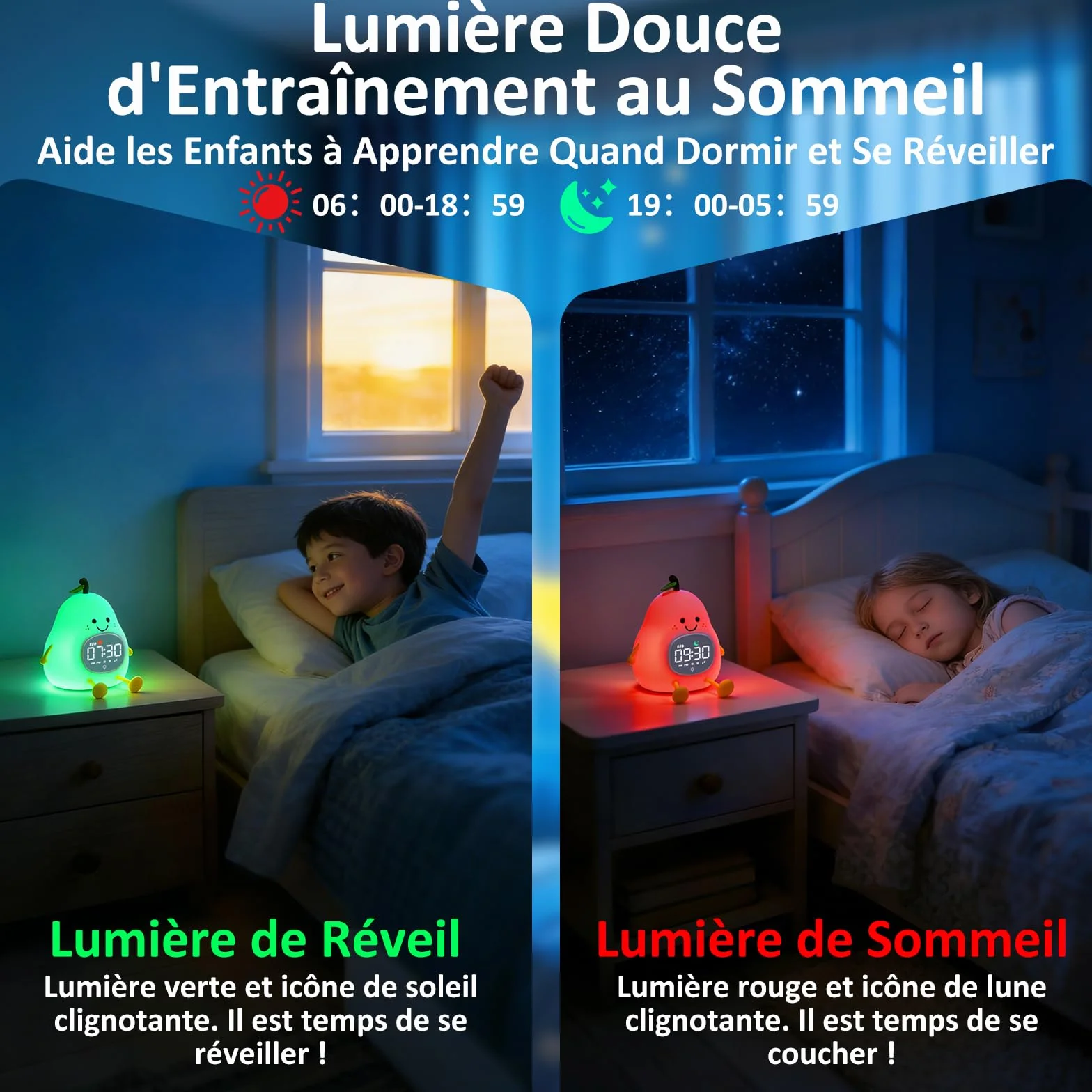 Réveil Enfant Éducatif Jour/Nuit Lumineux en Silicone avec Veilleuse