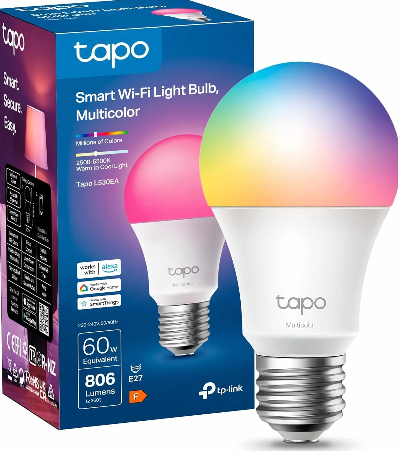 Tapo Ampoule Connectée WiFi LED E27 Multicolore 2500K-6500K Dimmable 8.7W 806Lm Compatible Alexa Commande Vocale L530EA