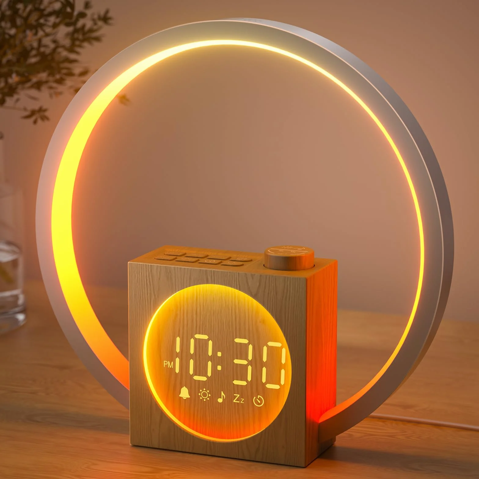 LIORQUE Lampe de Chevet LED avec Réveil Lumineux Simulateur d'Aube, 30 Sons, 20 Niveaux de Luminosité, Minuterie Sommeil 10-480 min