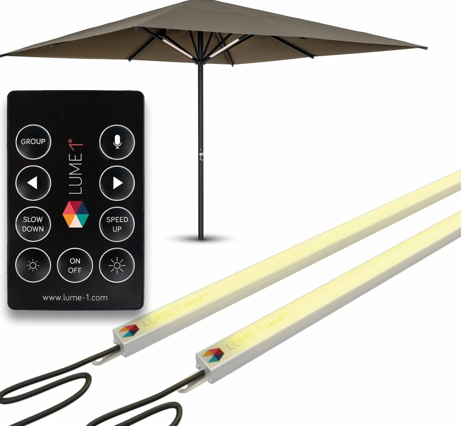 Éclairage pour parasol avec télécommande 2 bandes LED blanc chaud 1000 lumens 2700K batterie incluse lot de 2