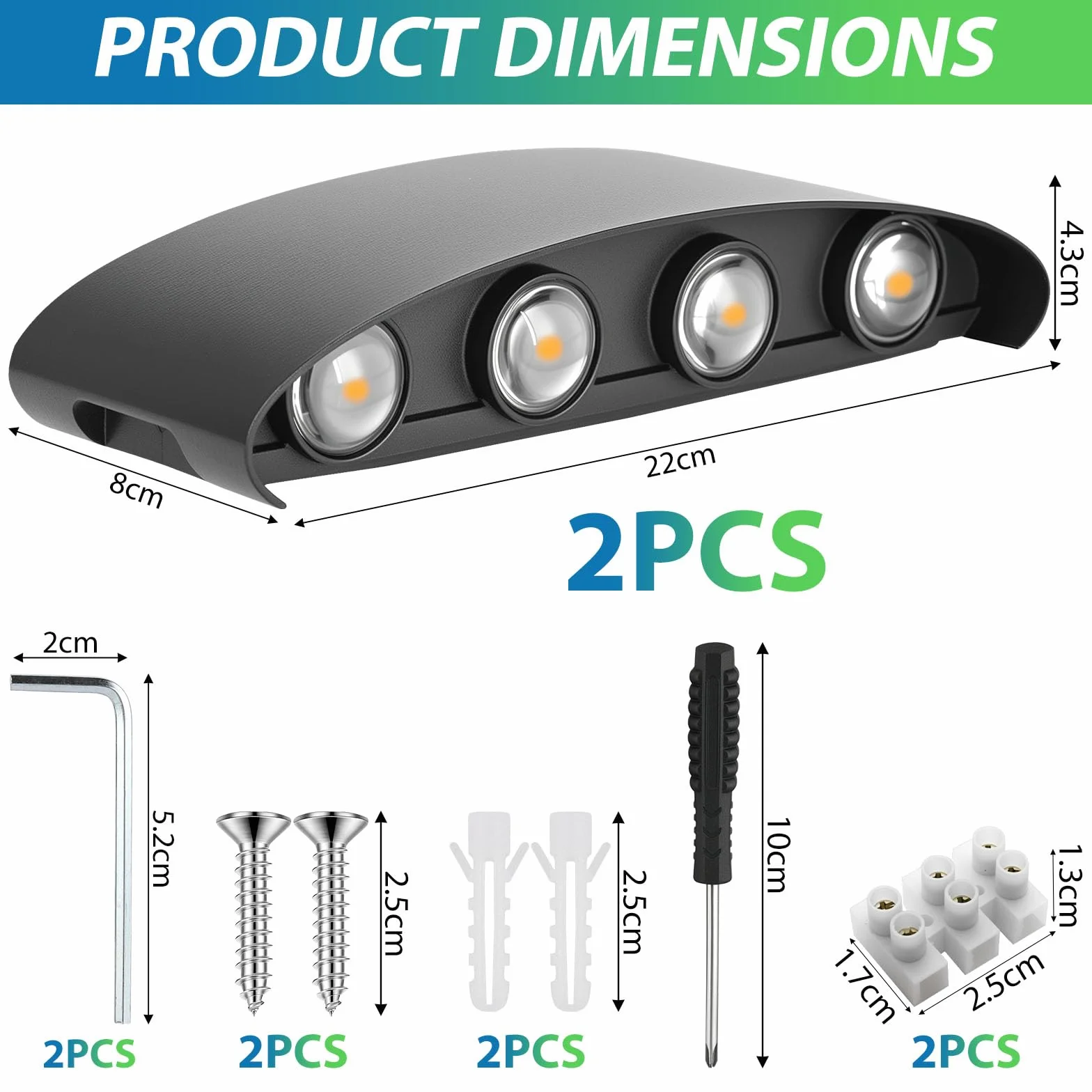 CHEVVY Lot de 2 Applique Murale LED Noir 8W IP65 3000K Aluminium Moderne