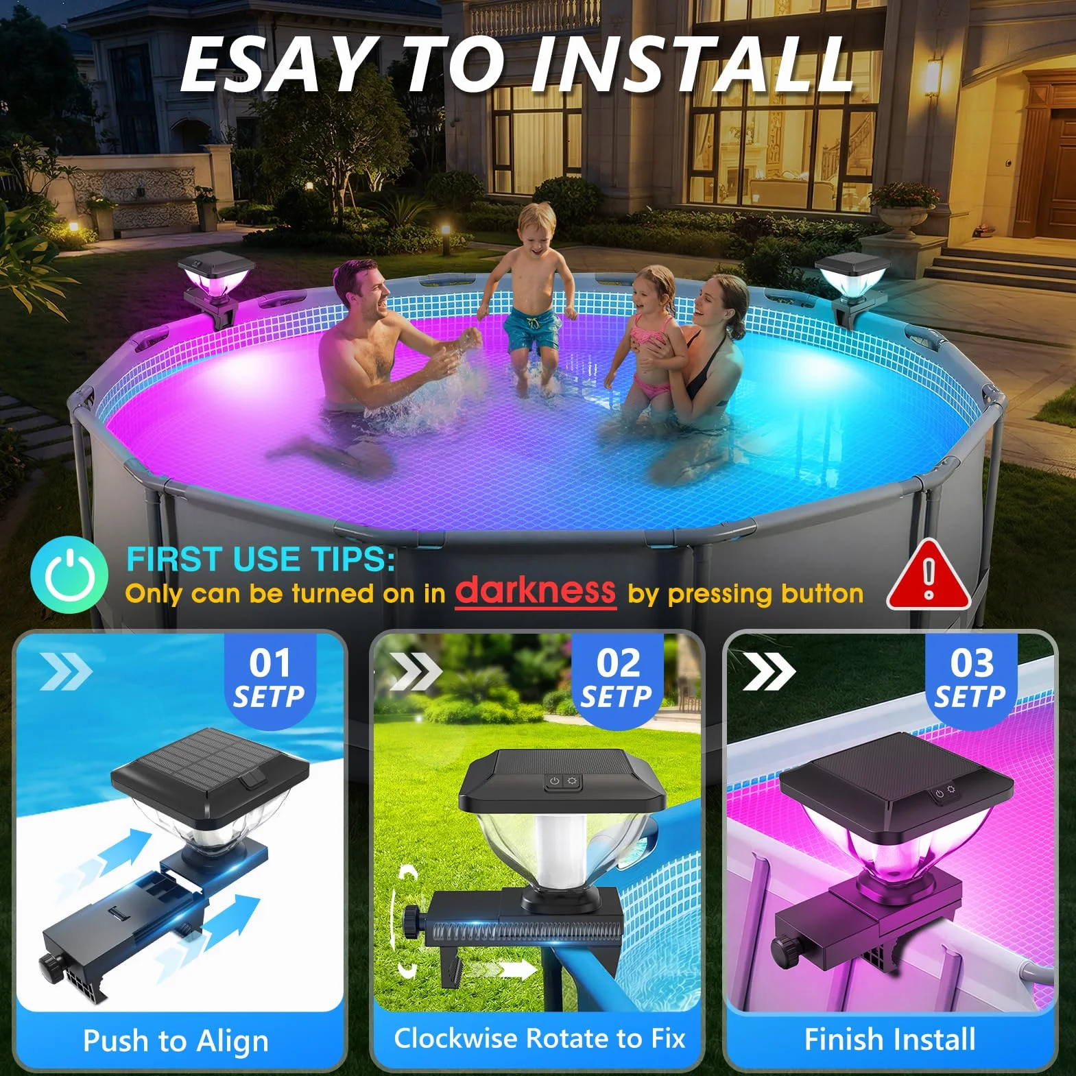 DeeprBling Lumiere Solaire Piscine Hors Sol LED RGB IP68 1 Pièce