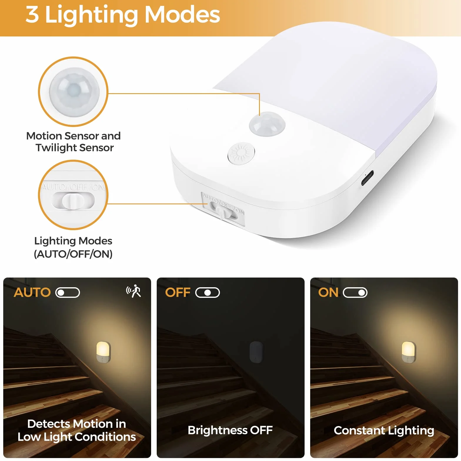 Suright Veilleuse Type-C Rechargeable 2 Pack Détecteur de Mouvement 5 Niveaux Luminosité 3 Modes 2800K Blanc Chaud