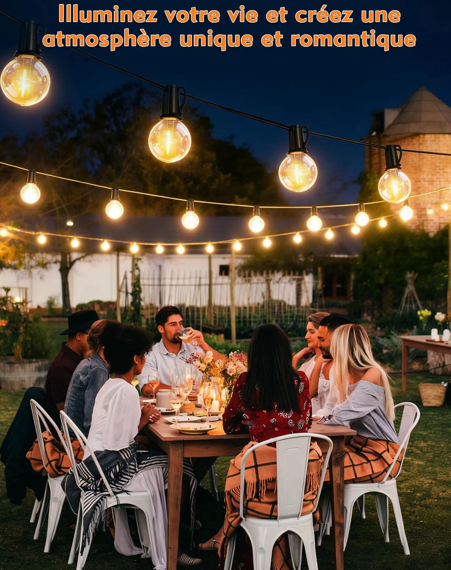 Guirlande Lumineuse Exterieure Solaire LED 10M 15+1 G40 Ampoules 8 Modes IP44 Télécommande