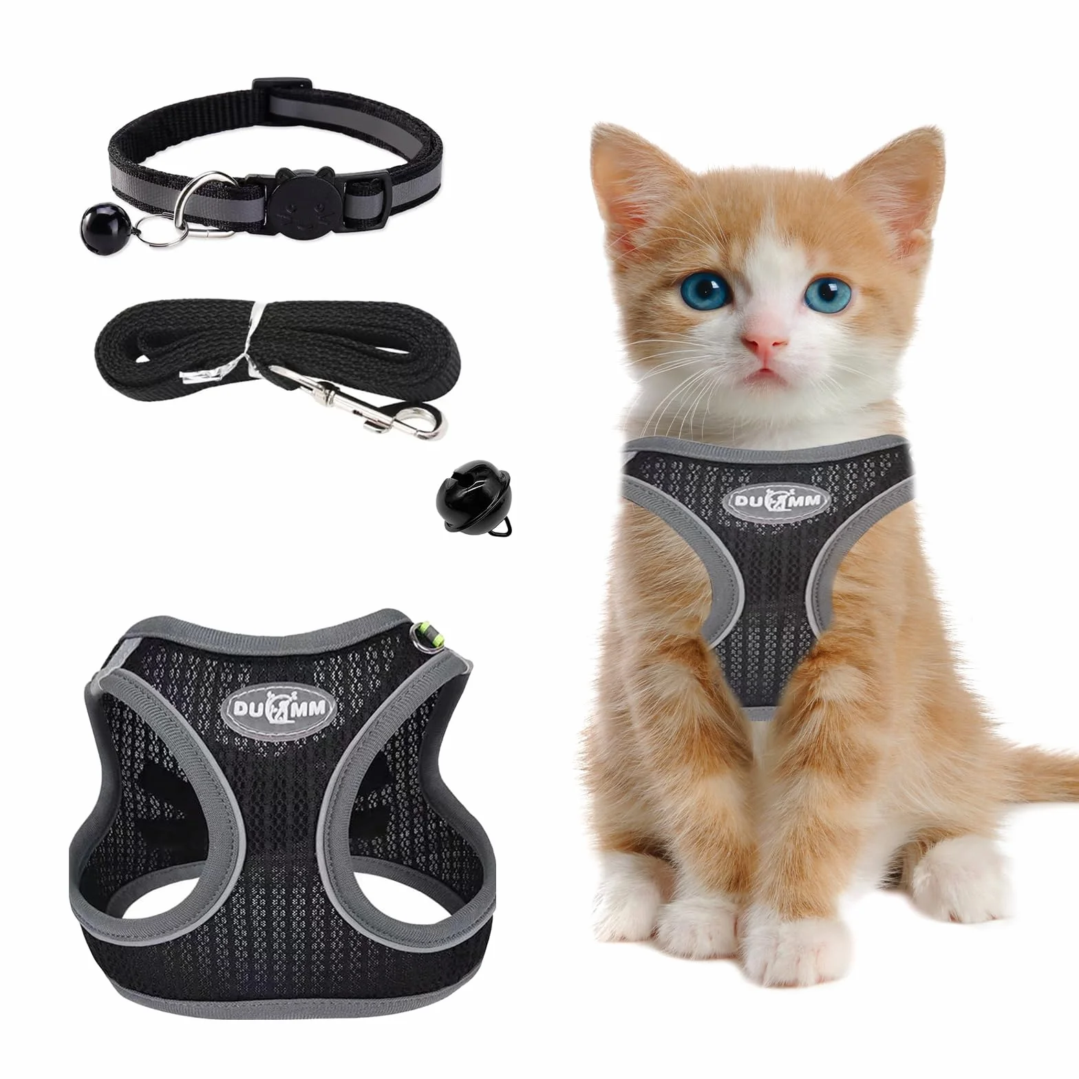 Harnais pour Chat Anti-éclatement Réglable avec Laisse, Doublure Lombaire Douce, Maille Respirante, Bandes Réfléchissantes (Noir XXS)