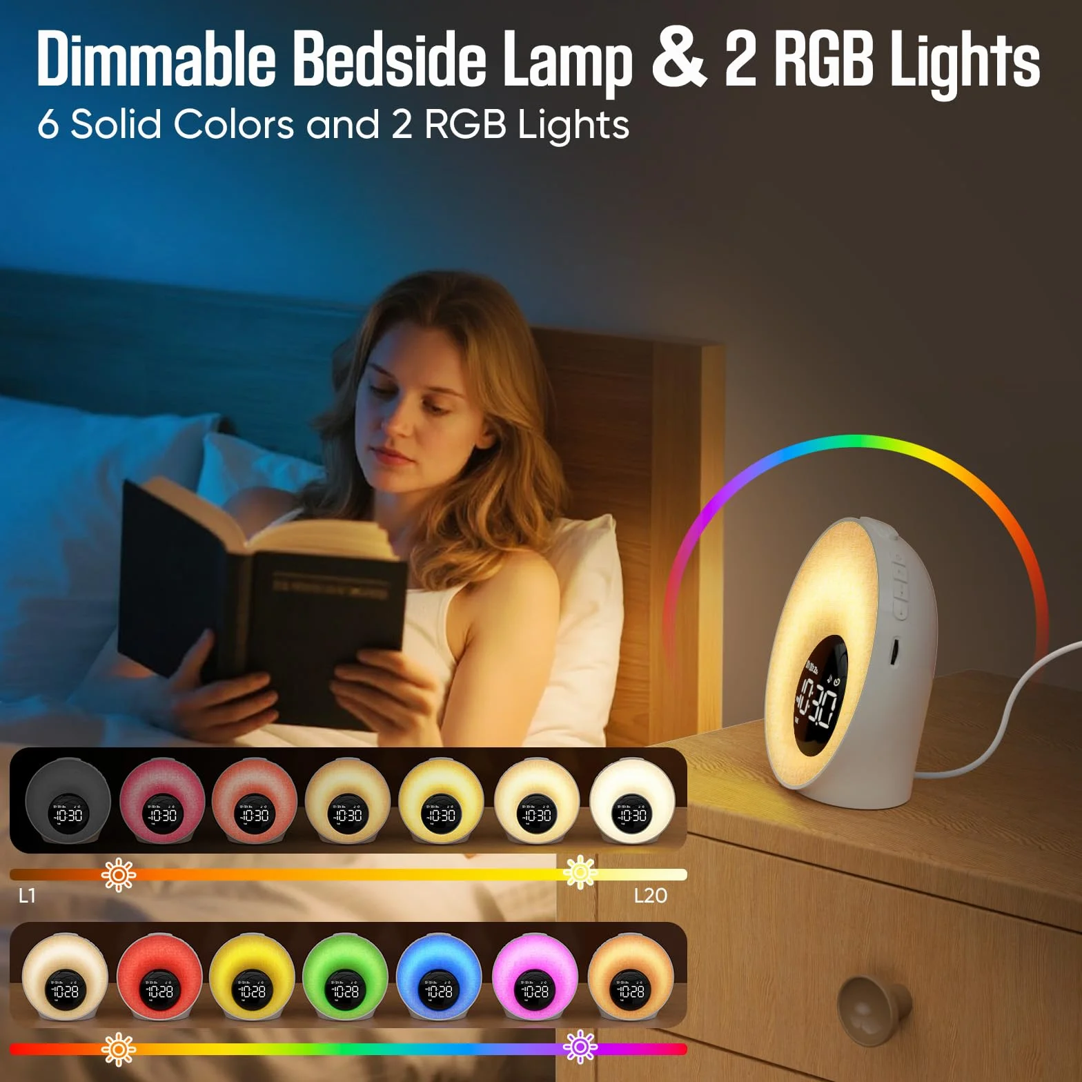 Réveil Lumineux Simulateur d'Aube avec 7 Sonneries, 30 Sons Naturels, 20 Niveaux de Luminosité, 13 Couleurs pour Enfant/Adulte