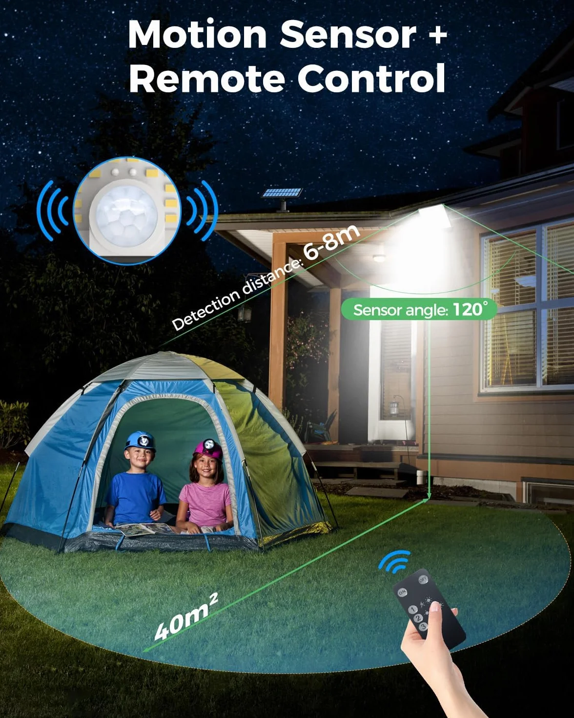LOTMOS Lampe Solaire Exterieur avec Detecteur de Mouvement, 342 LED IP65 Etanche, 3 Modes pour Jardin Garage