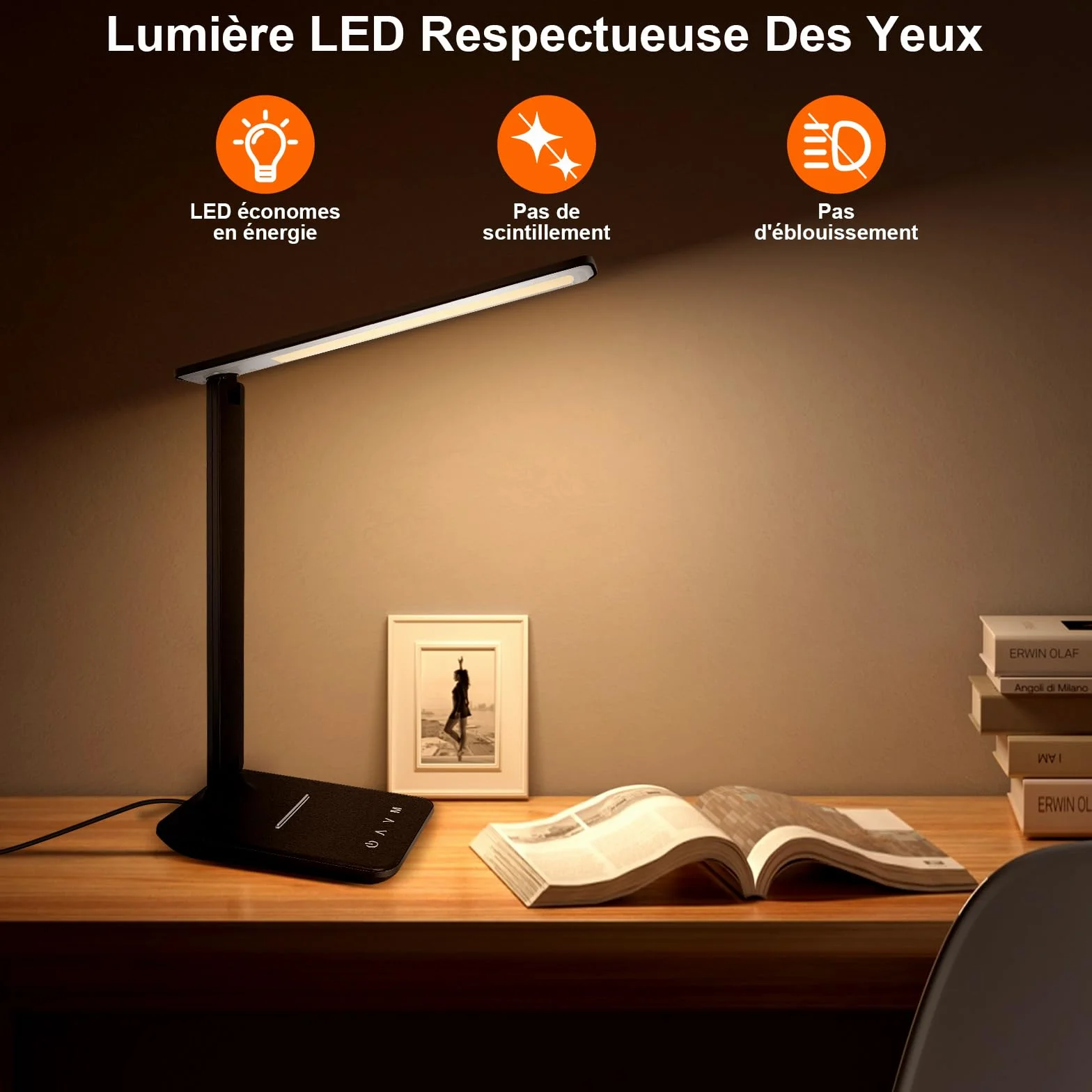 Lampe de Bureau LED Pliable Dimmable 5 Modes de Couleur 5 Niveaux de Luminosité avec Port USB Noir
