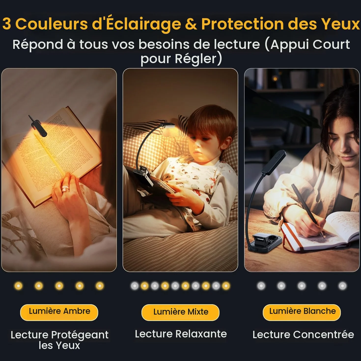 GARITE Lampe de Lecture 10 LED Rechargeable Clip, Gradation 100%-10% 3 Couleurs, Cou Flexible 360°, Lampe Livre Nocturne