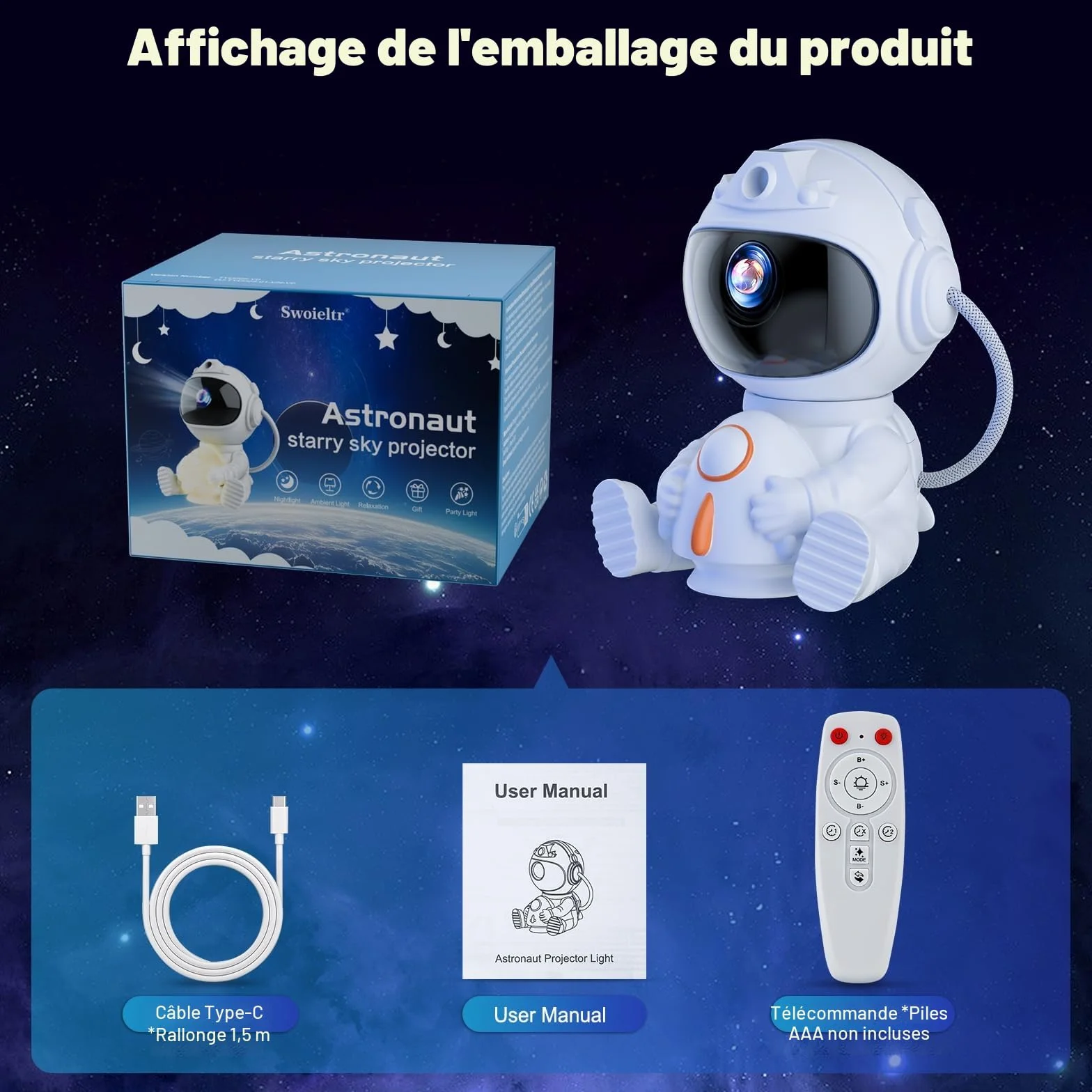 Astronaute Projecteur LED Ciel Étoilé 8 Modes Nébuleuses 5 Modes Luminosité Vitesse 2 Étoiles Galaxie Veilleuse Fusée