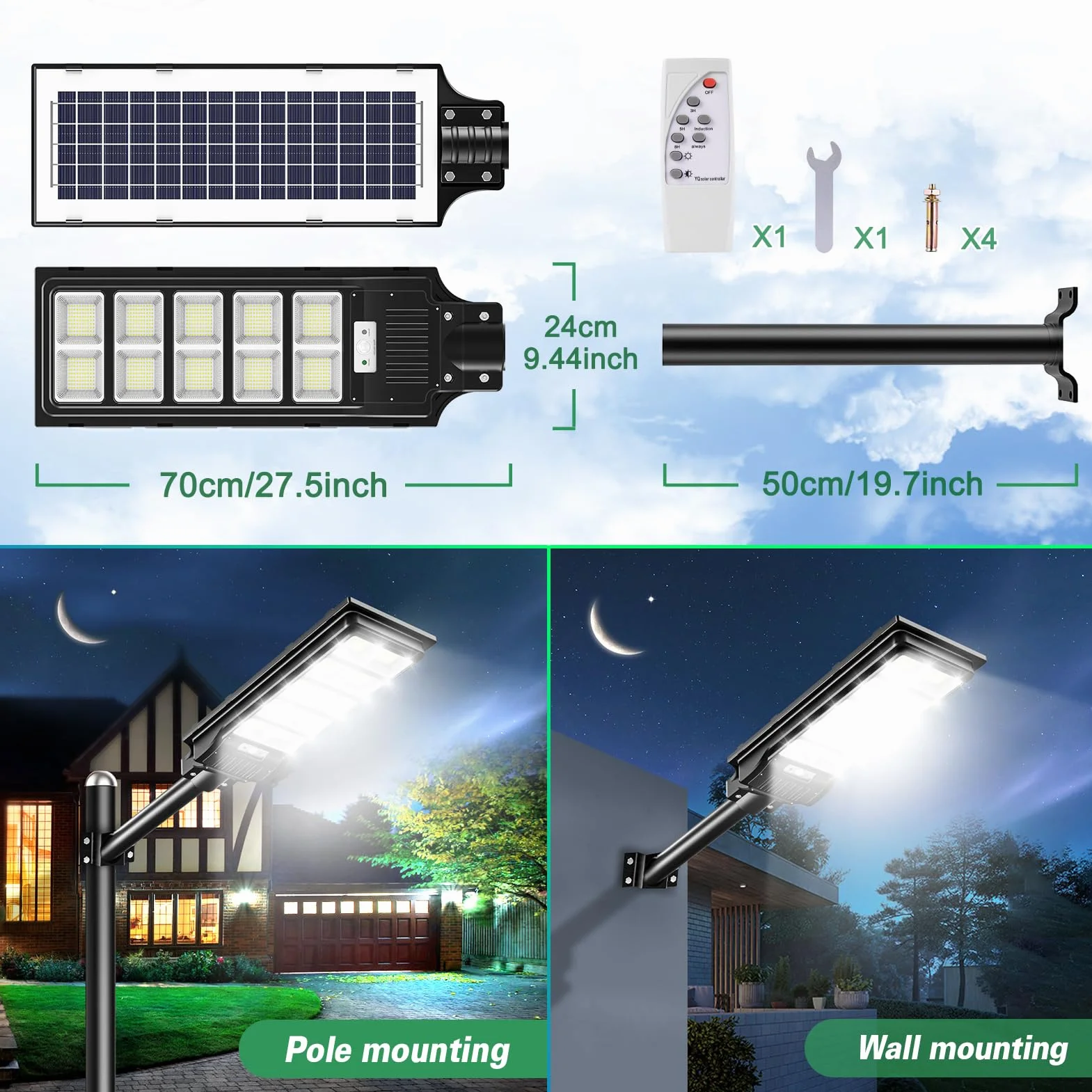 Papasbox Lampadaire Solaire Exterieur LED 500W avec Télécommande Détecteur de Mouvement 6500K