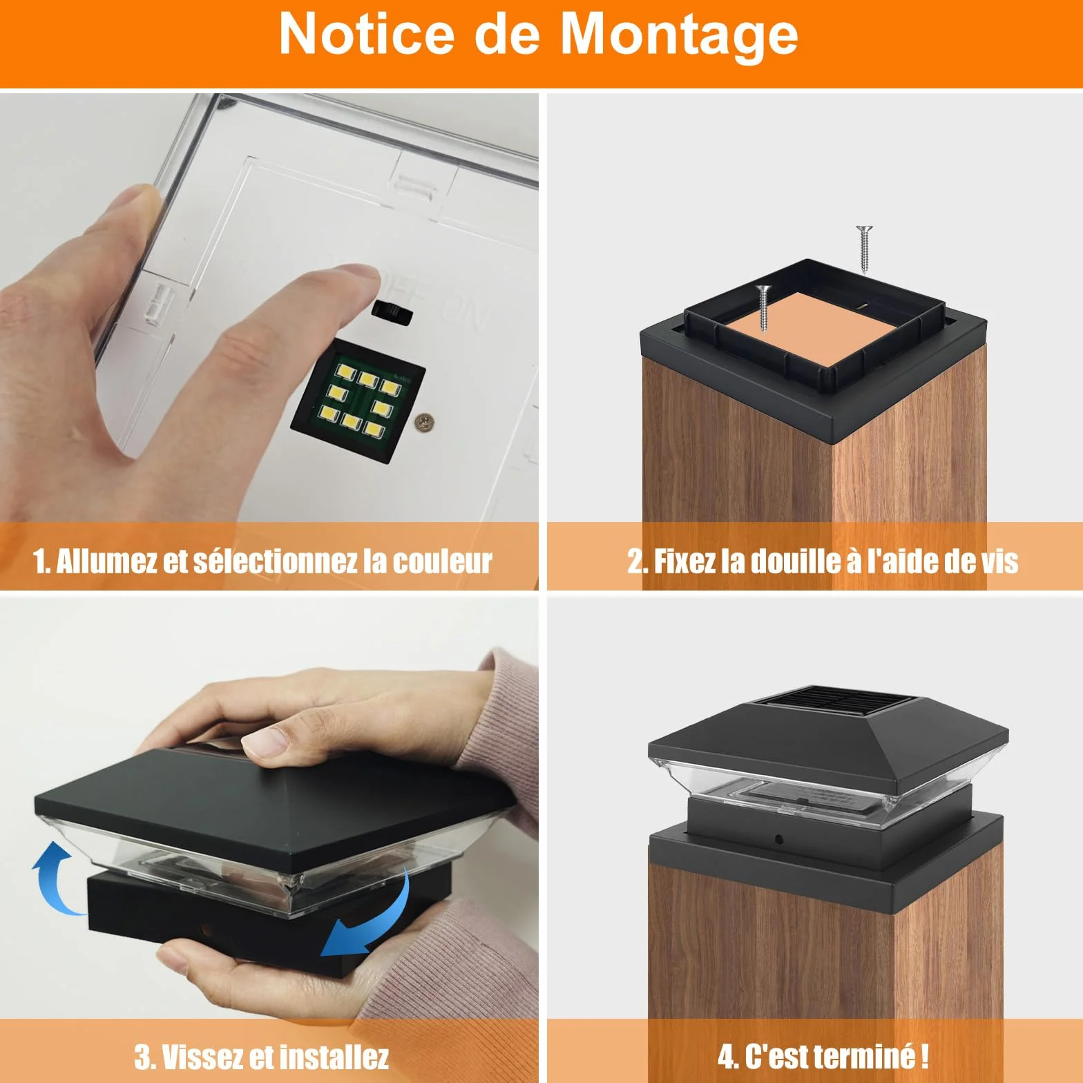 NATPOW Capuchon de Poteau Solaire IP65 3000K/6000K Lot de 2 Étanche Extérieure
