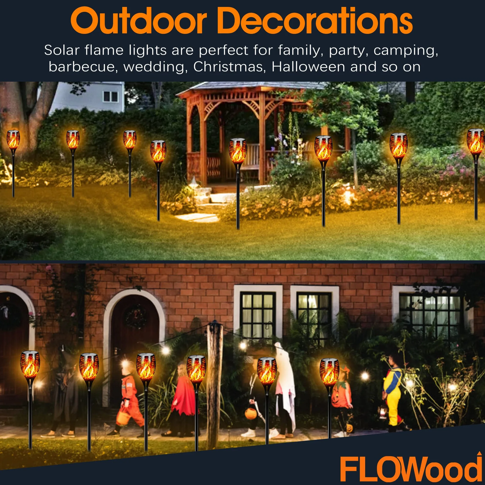 Lot de 4 lampes solaires de jardin FLOWood 96 LED flamme vacillante IP65 extérieur crépuscule à l'aube
