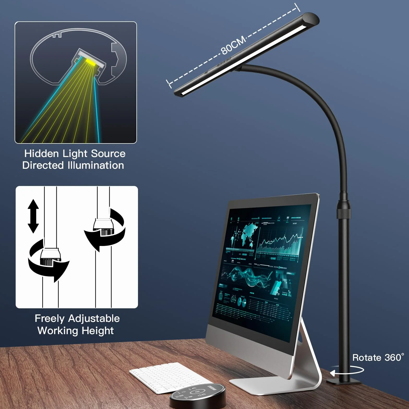 EYOCEAN Lampe de Bureau LED, Gradation et Températures de Couleur Réglables, Tige Télescopique