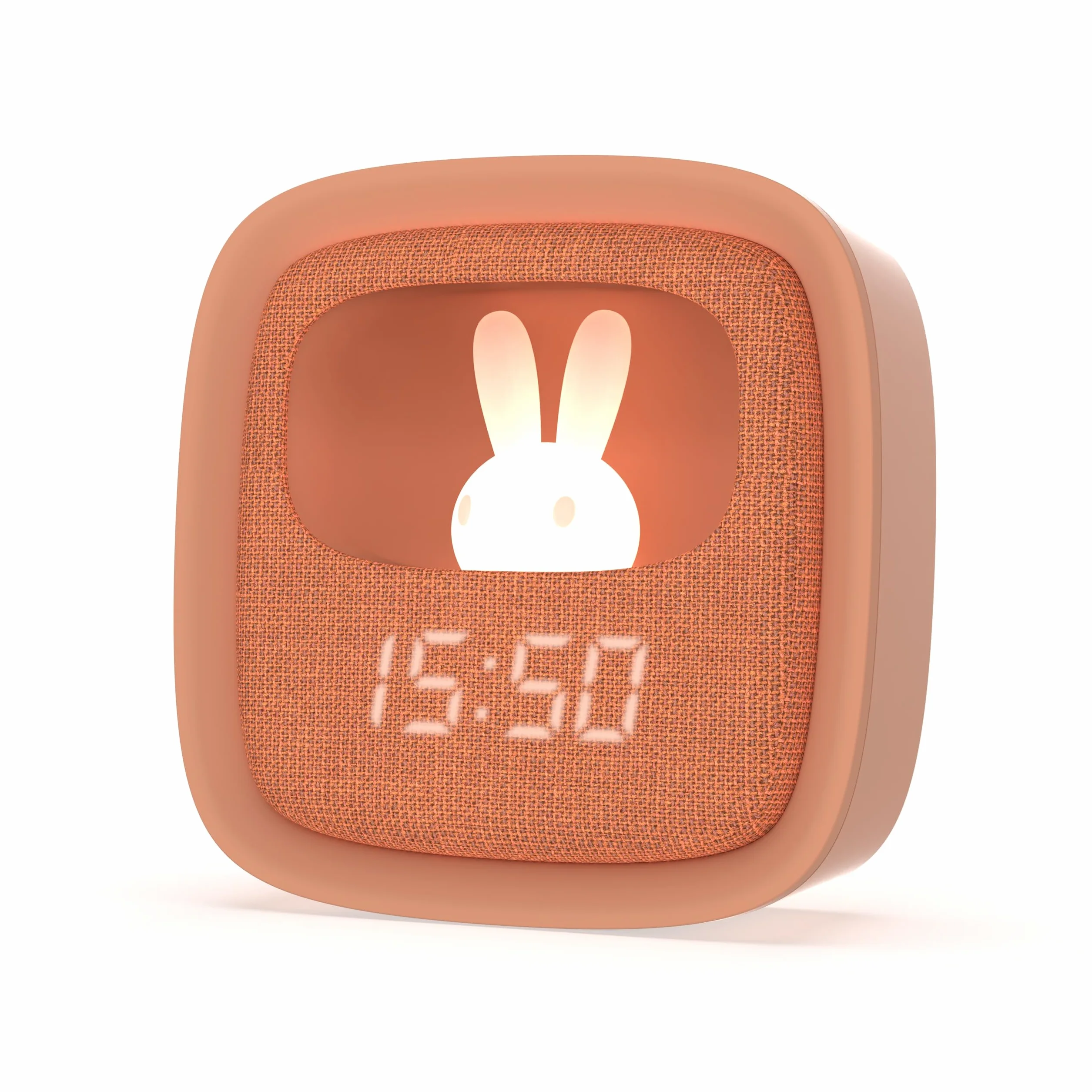 Billy Clock Réveil Veilleuse Enfant Lapin Tissu Plastique Soft-Touch Programmation Date Heure 3 Alarmes Marron