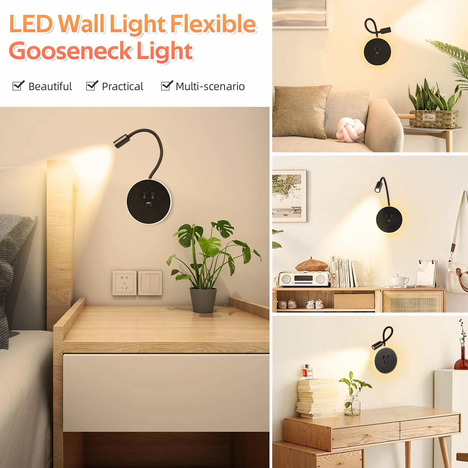 Applique Murale Interieur LED, Liseuse de Chevet avec Interrupteur, Port USB, Rotation 360°, 3000K Lampe de Lecture pour Chambre, Salon