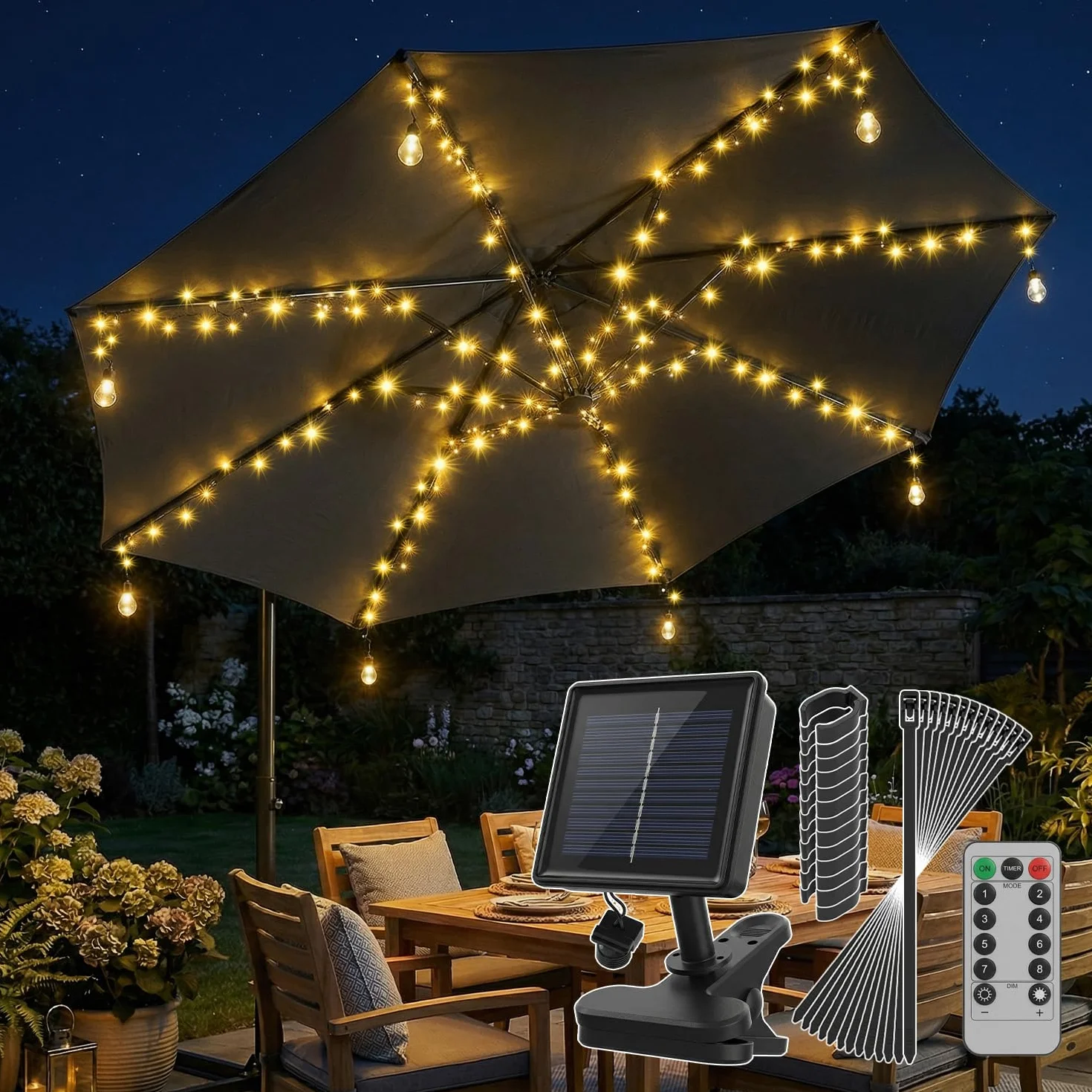 Sekey Lampe Parasol LED Solaire 136 LEDs 8 Ampoules Guirlande Lumineuse 8 Modes Télécommande