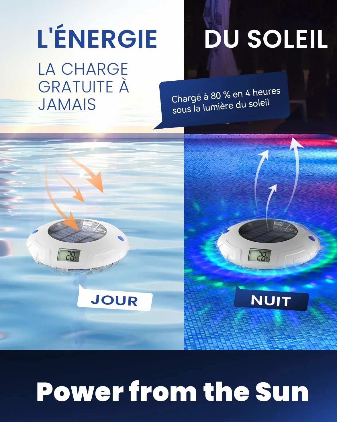 Lampe de piscine solaire avec thermomètre LCD, 8 effets lumineux, étanche IPX7