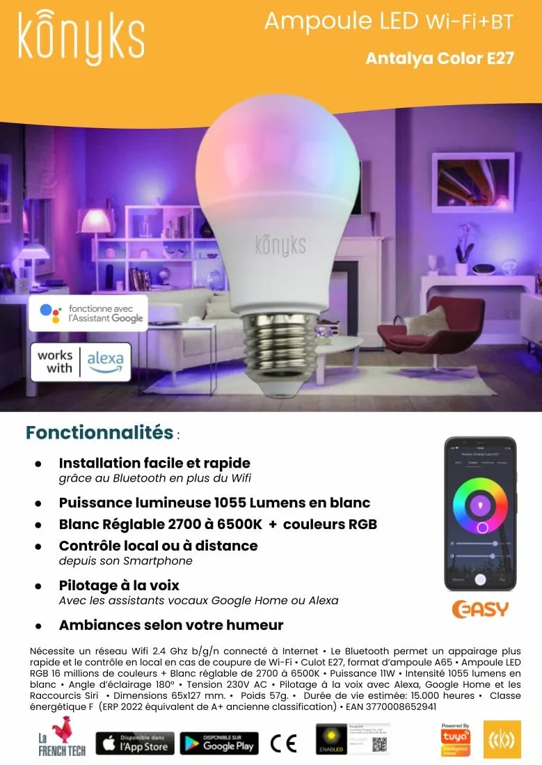 Konyks Ampoule connectée Antalya Color E27 LED WiFi BT 1055 Lumens 11 W Couleurs Blanc réglable compatible Alexa Google Home