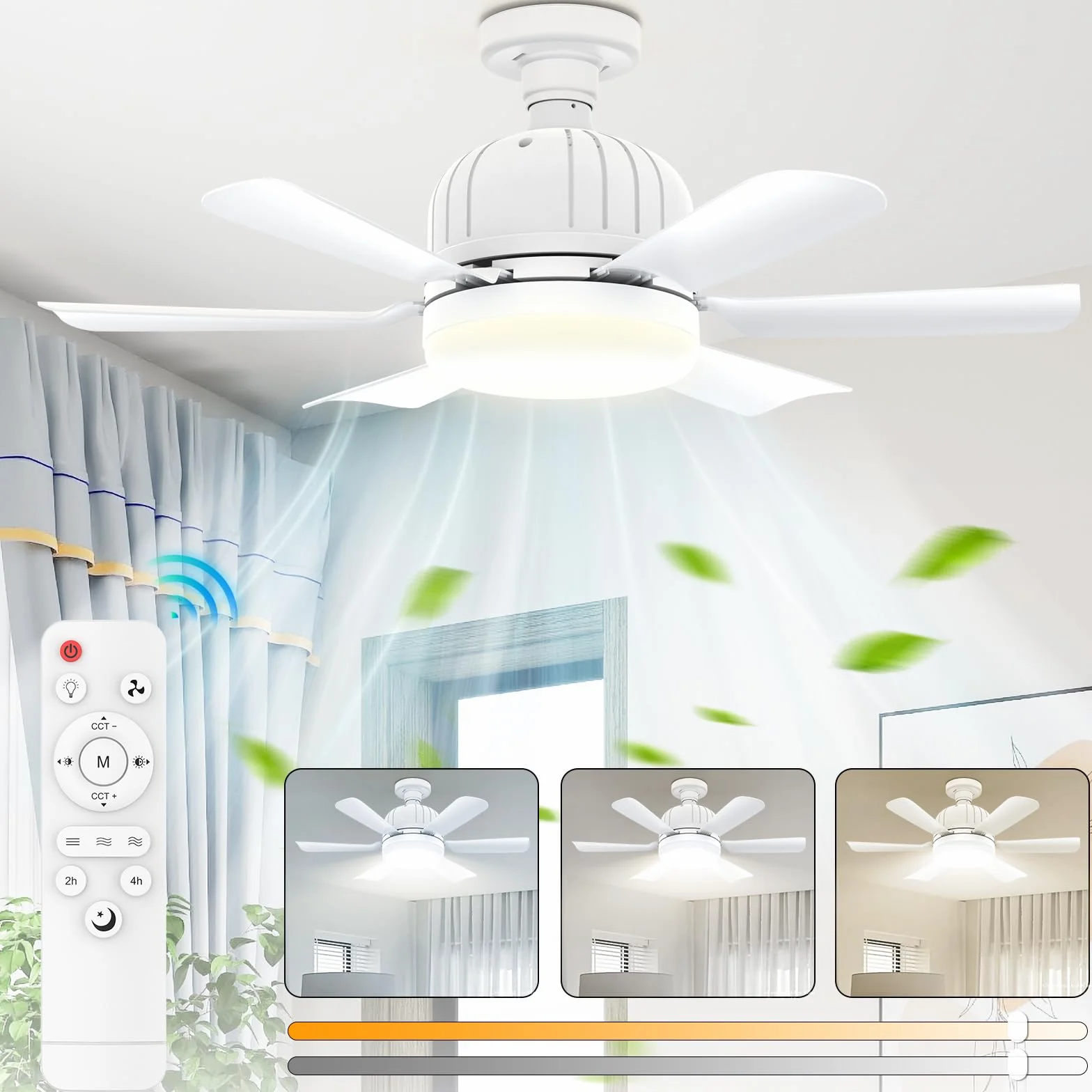 Ventilateur de plafond avec lumière et télécommande 46 cm E27 LED dimmable 3 vitesses minuterie 2/4h blanc