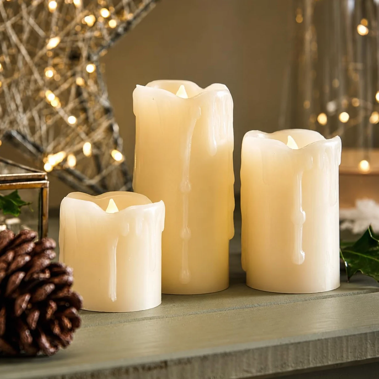 Festive Lights Lot de 3 Bougies LED Effet Flamme Vacillante Cire Effet Fondu Pilier
